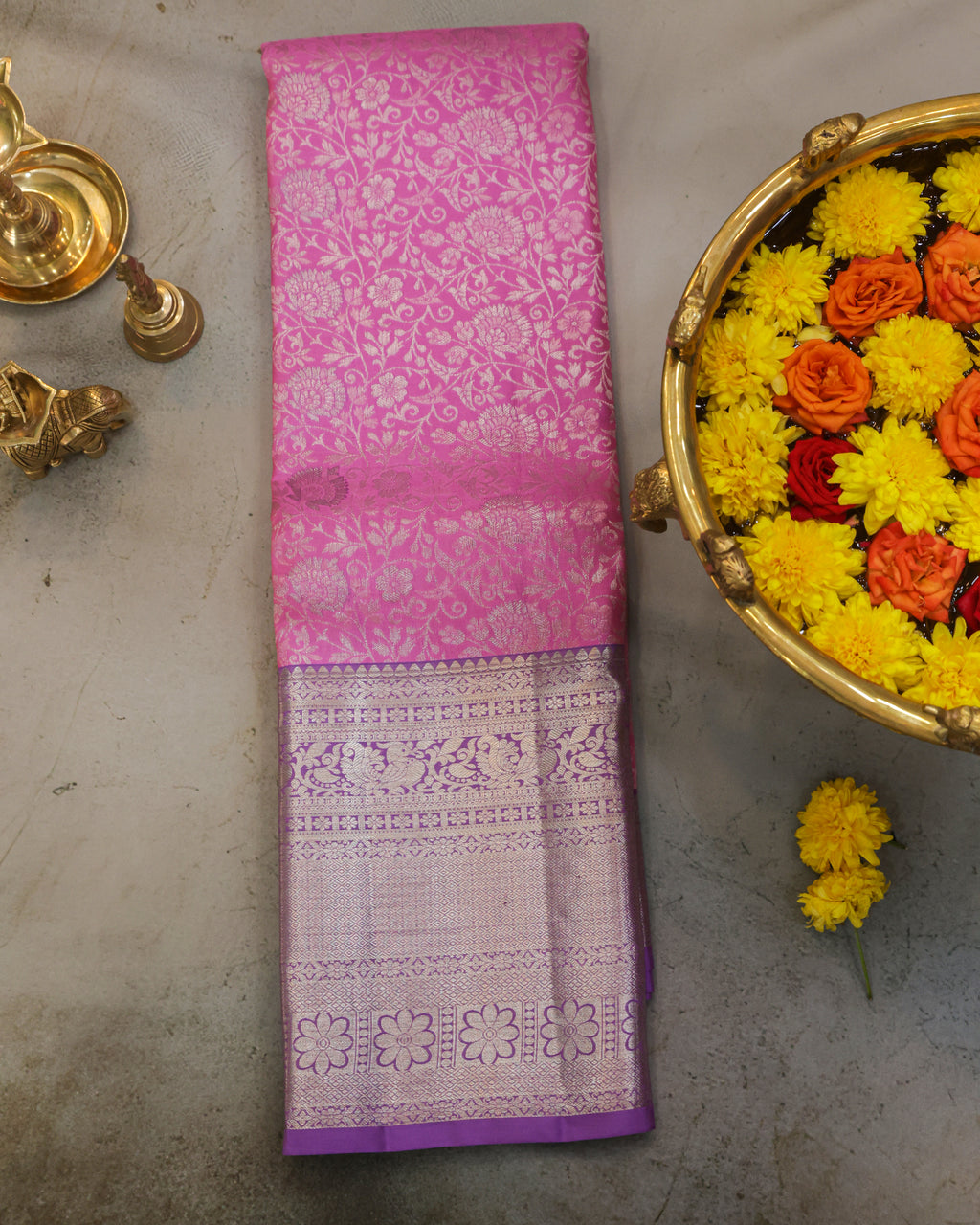 Baby Pink & Pastel Lavender Kanchipuram Bridal Silk Saree