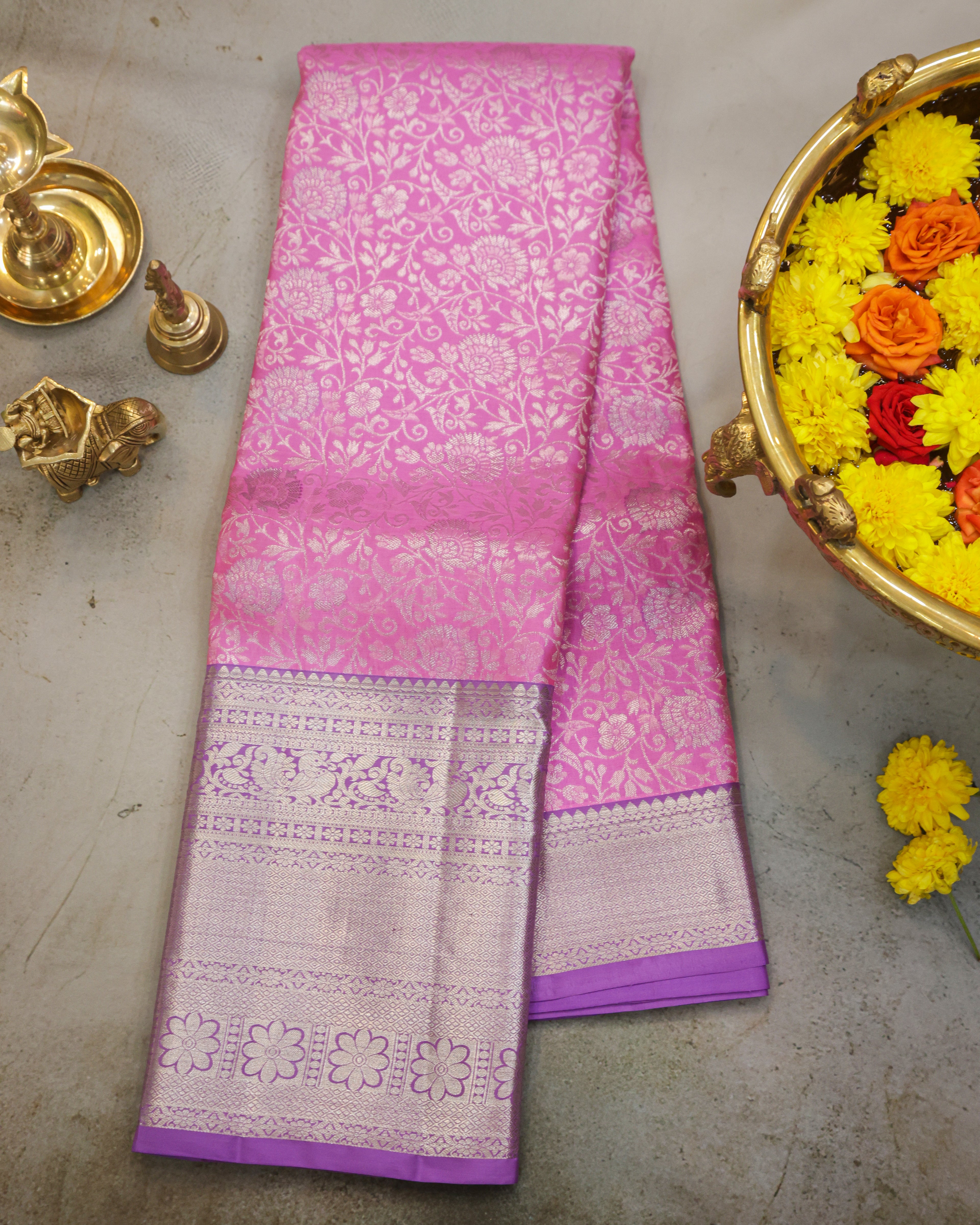 Baby Pink & Pastel Lavender Kanchipuram Bridal Silk Saree