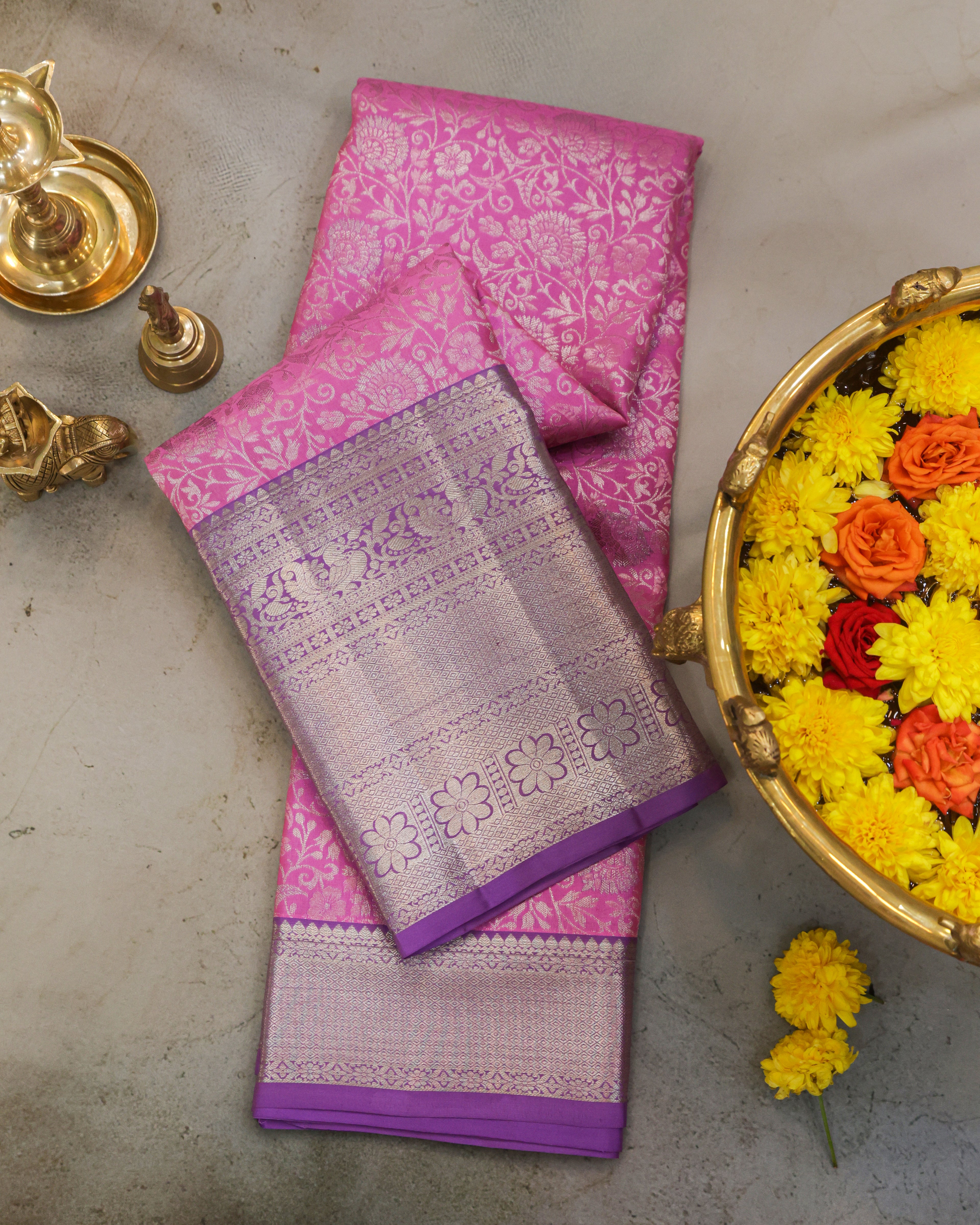 Baby Pink & Pastel Lavender Kanchipuram Bridal Silk Saree