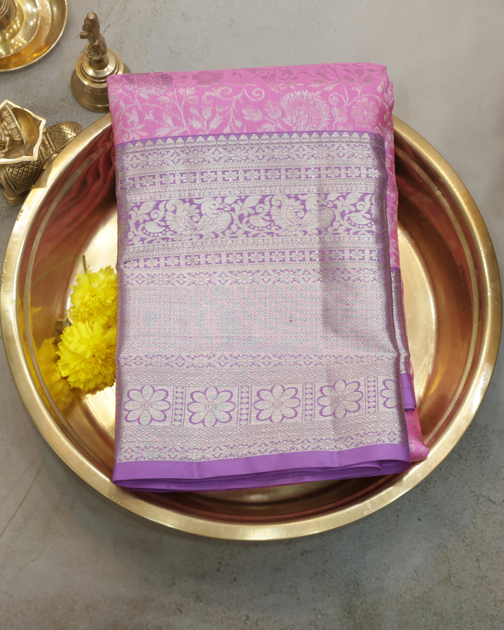 Baby Pink & Pastel Lavender Kanchipuram Bridal Silk Saree