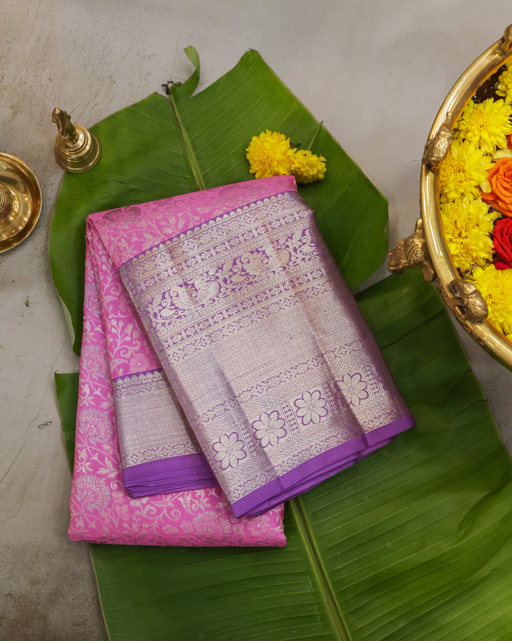 Baby Pink & Pastel Lavender Kanchipuram Bridal Silk Saree