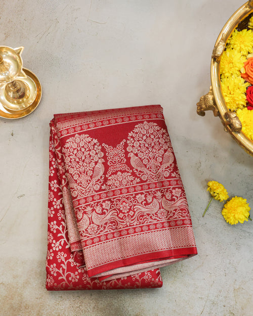 Classic Red Kanchipuram Bridal Pure Silk Saree with Silver Zari
