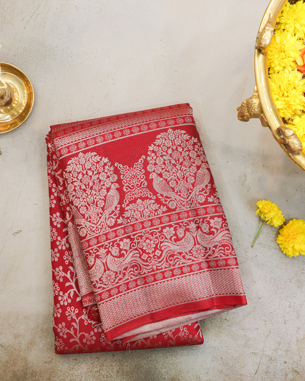 Classic Red Kanchipuram Bridal Pure Silk Saree with Silver Zari