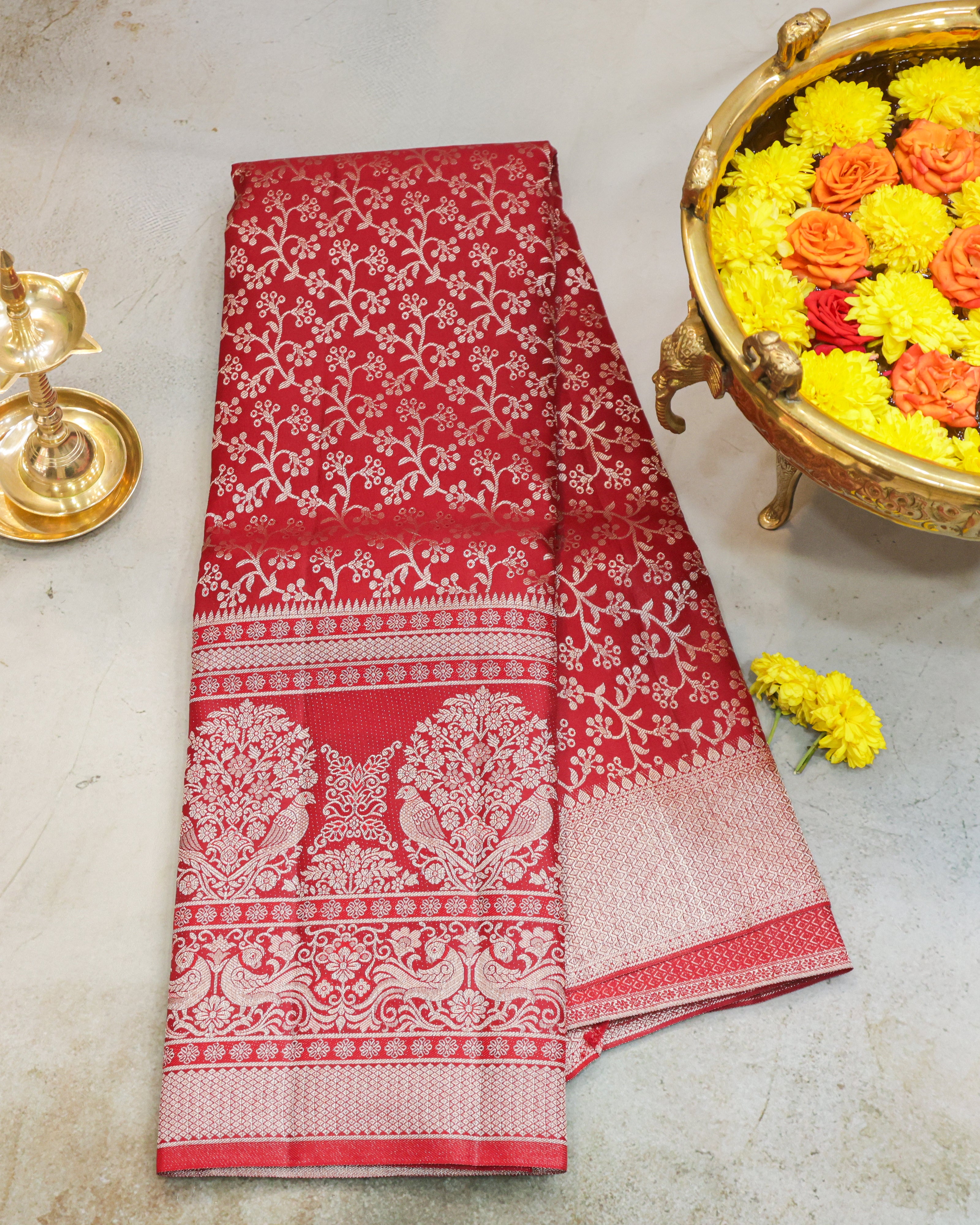 Classic Red Kanchipuram Bridal Pure Silk Saree with Silver Zari