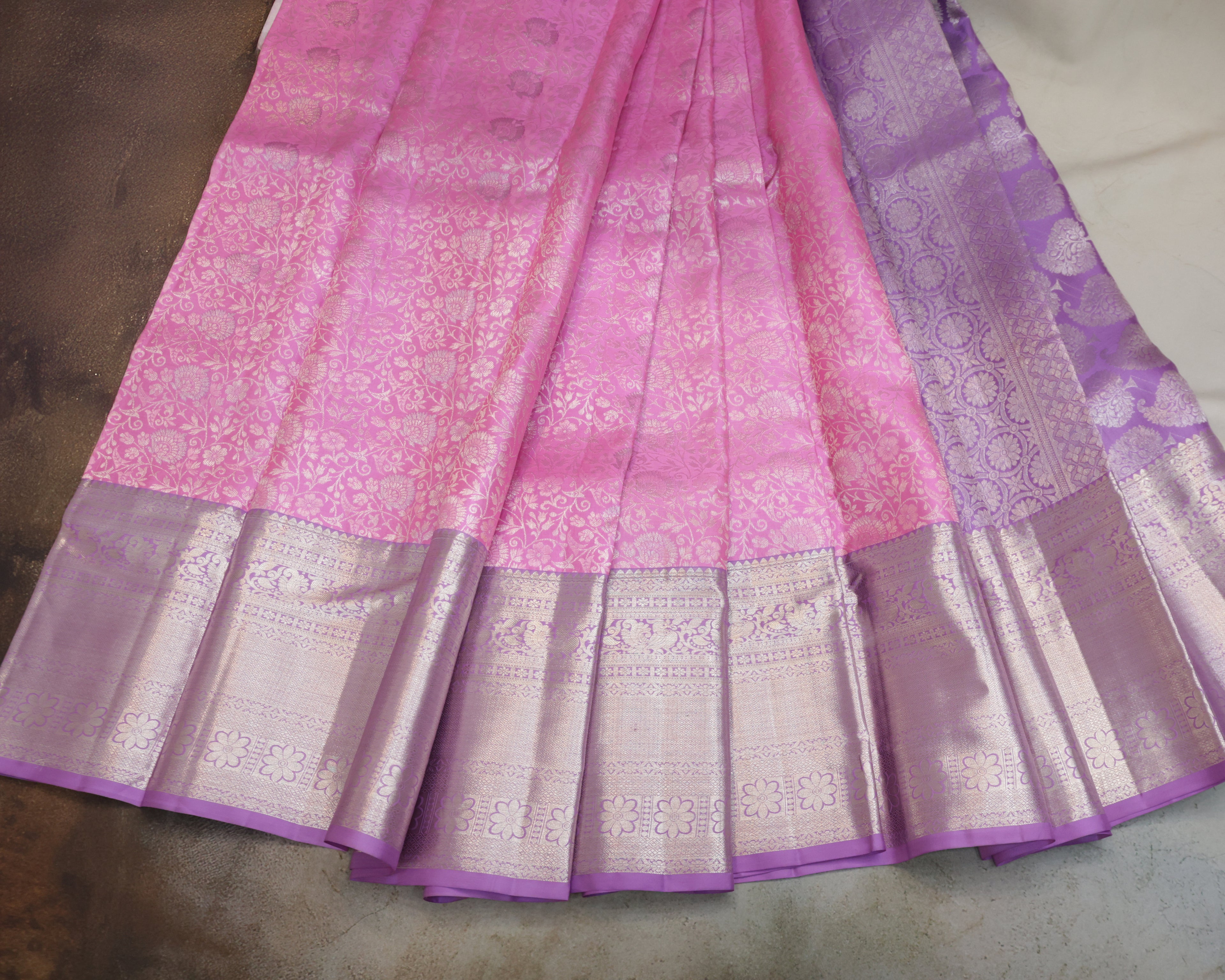 Baby Pink & Pastel Lavender Kanchipuram Bridal Silk Saree