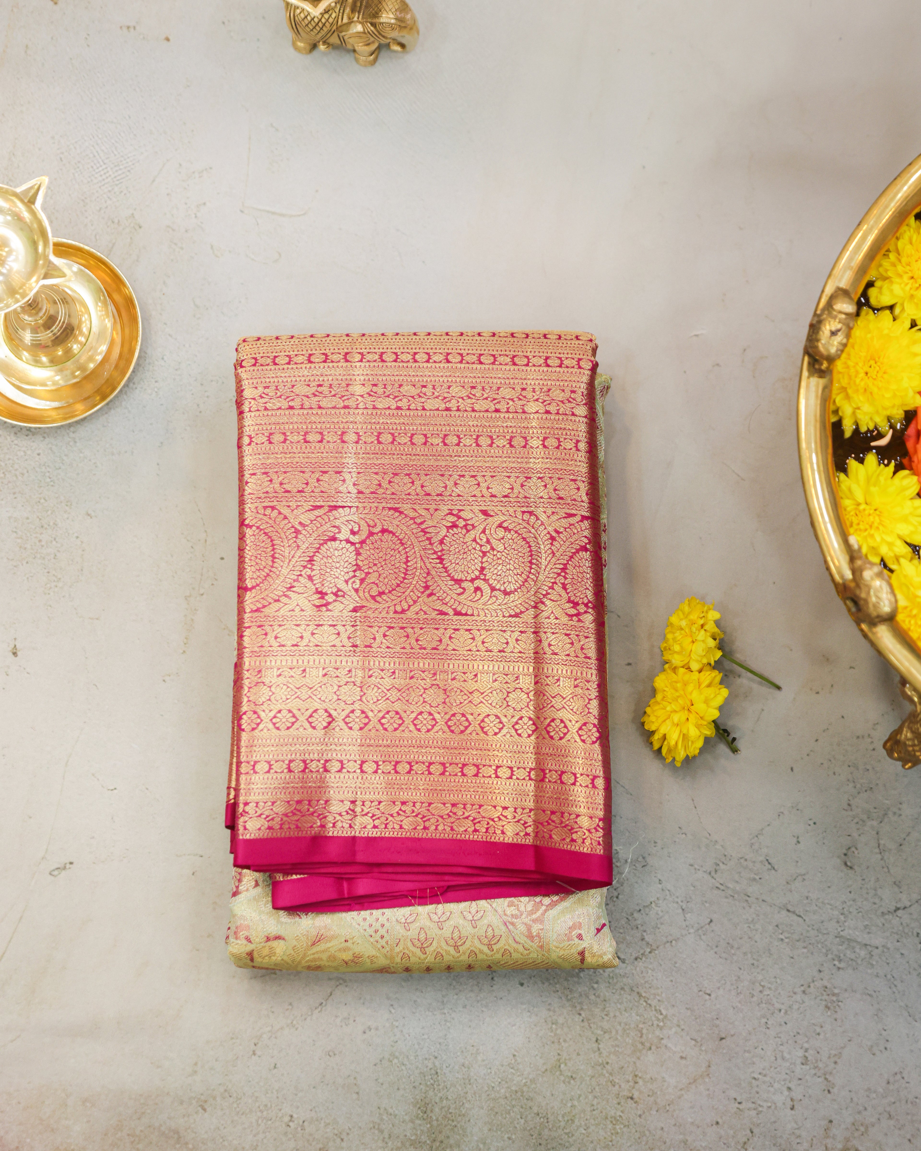 Kanchipuram Tissue Pure Silk Bridal Saree – Pista Green & Rani Pink
