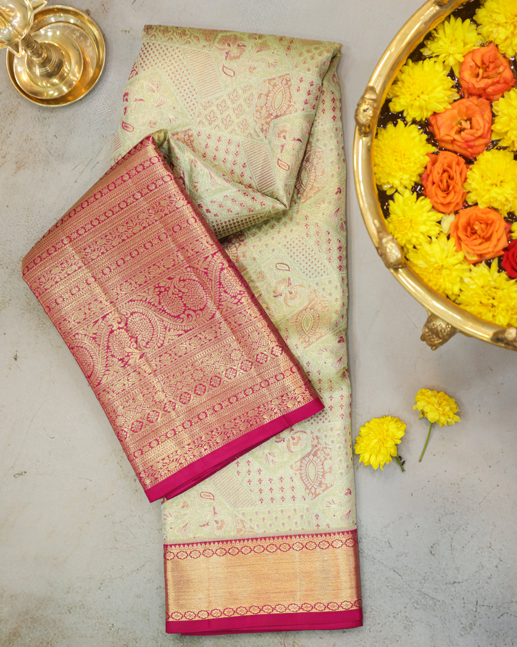 Kanchipuram Tissue Pure Silk Bridal Saree – Pista Green & Rani Pink