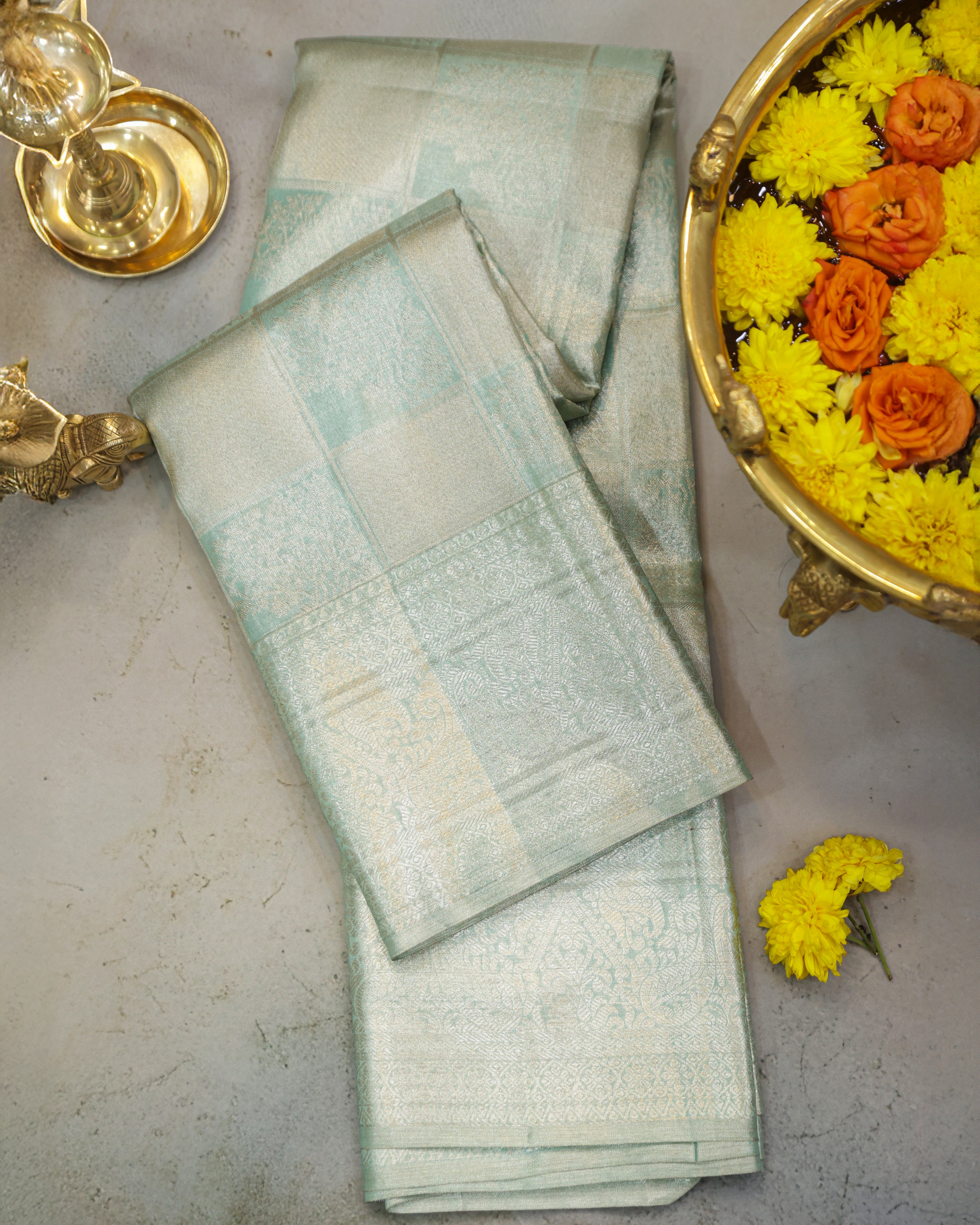 Kanchipuram Tissue Pure Silk Bridal Saree – Pastel Sea Green Checks & Butta