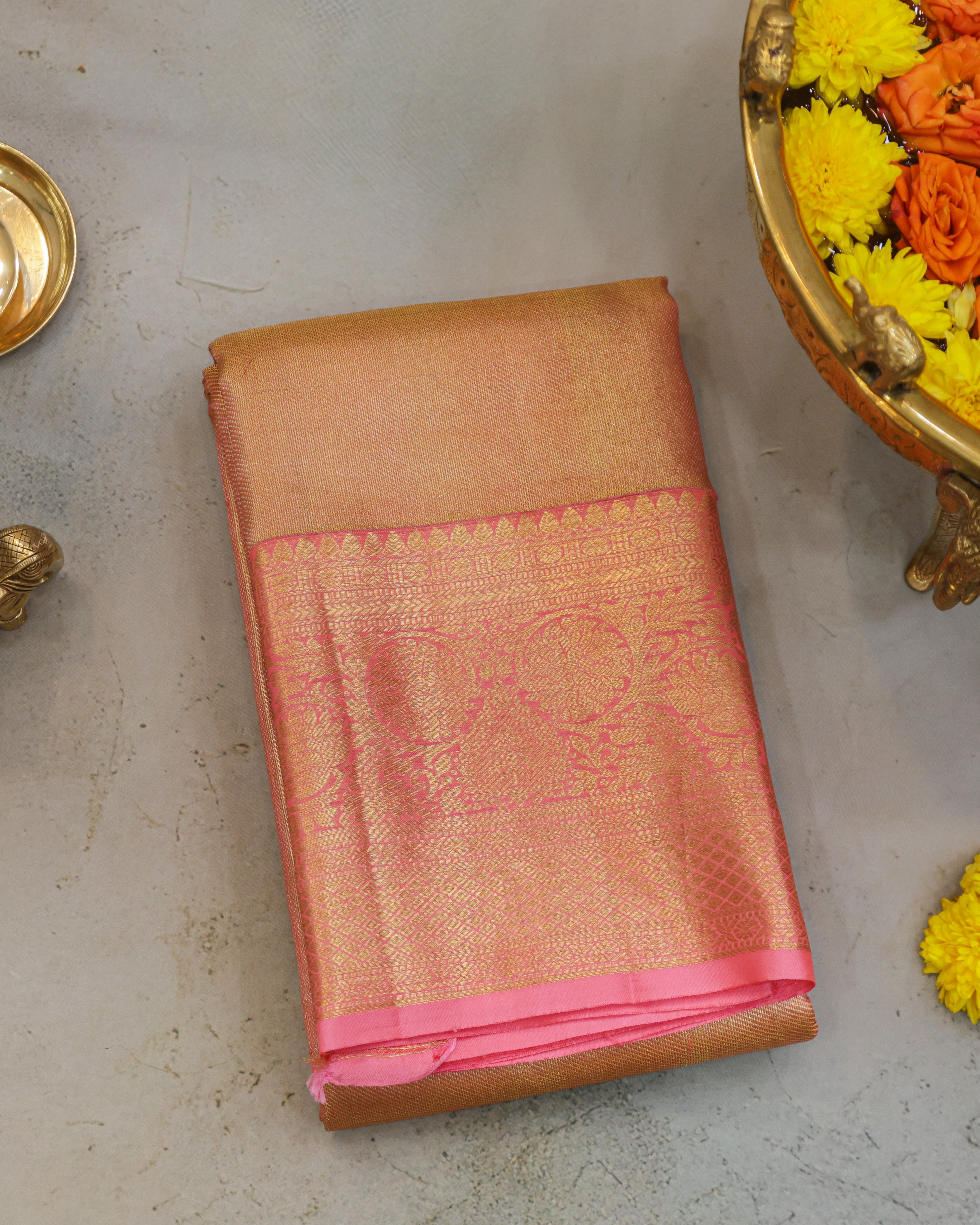 Kanchipuram Tissue Bridal Pure Silk Saree in Gold–Pink Dual Shade