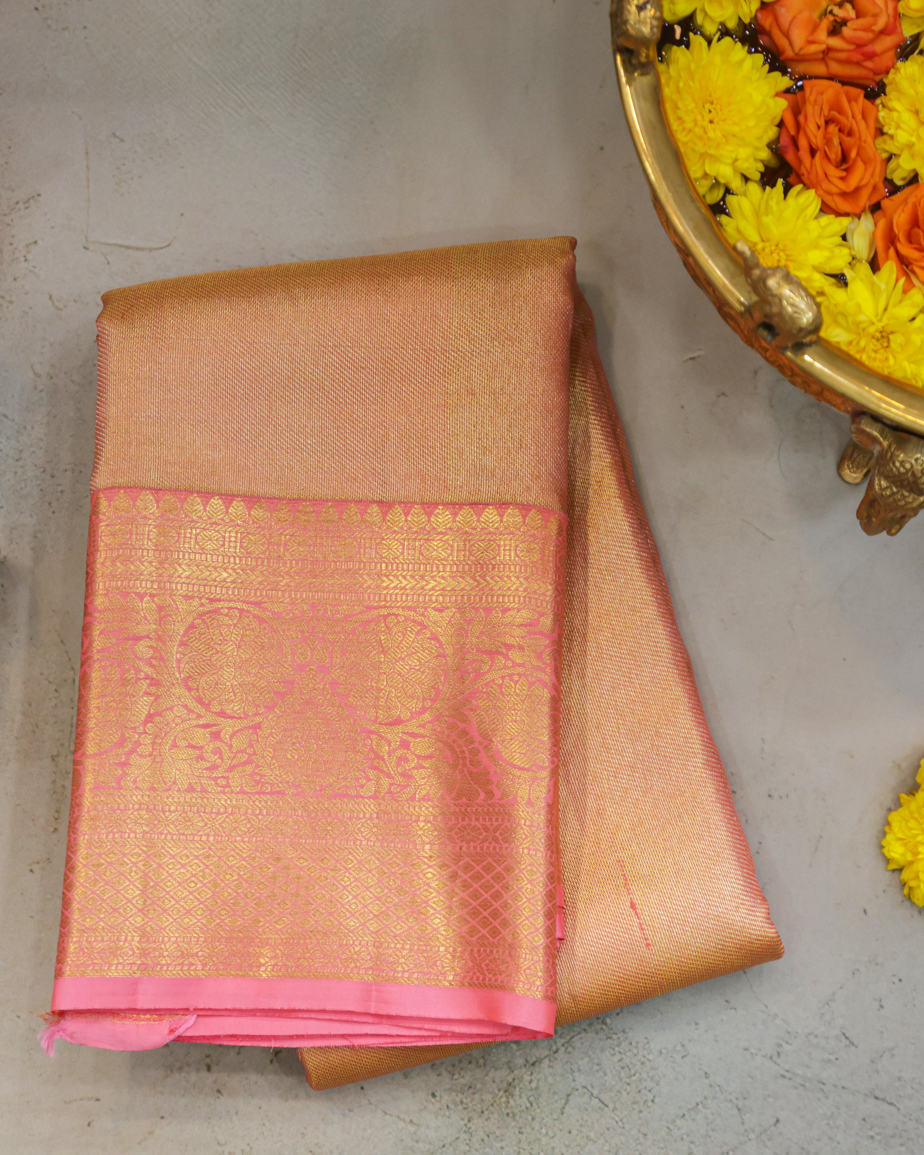 Kanchipuram Tissue Bridal Pure Silk Saree in Gold–Pink Dual Shade