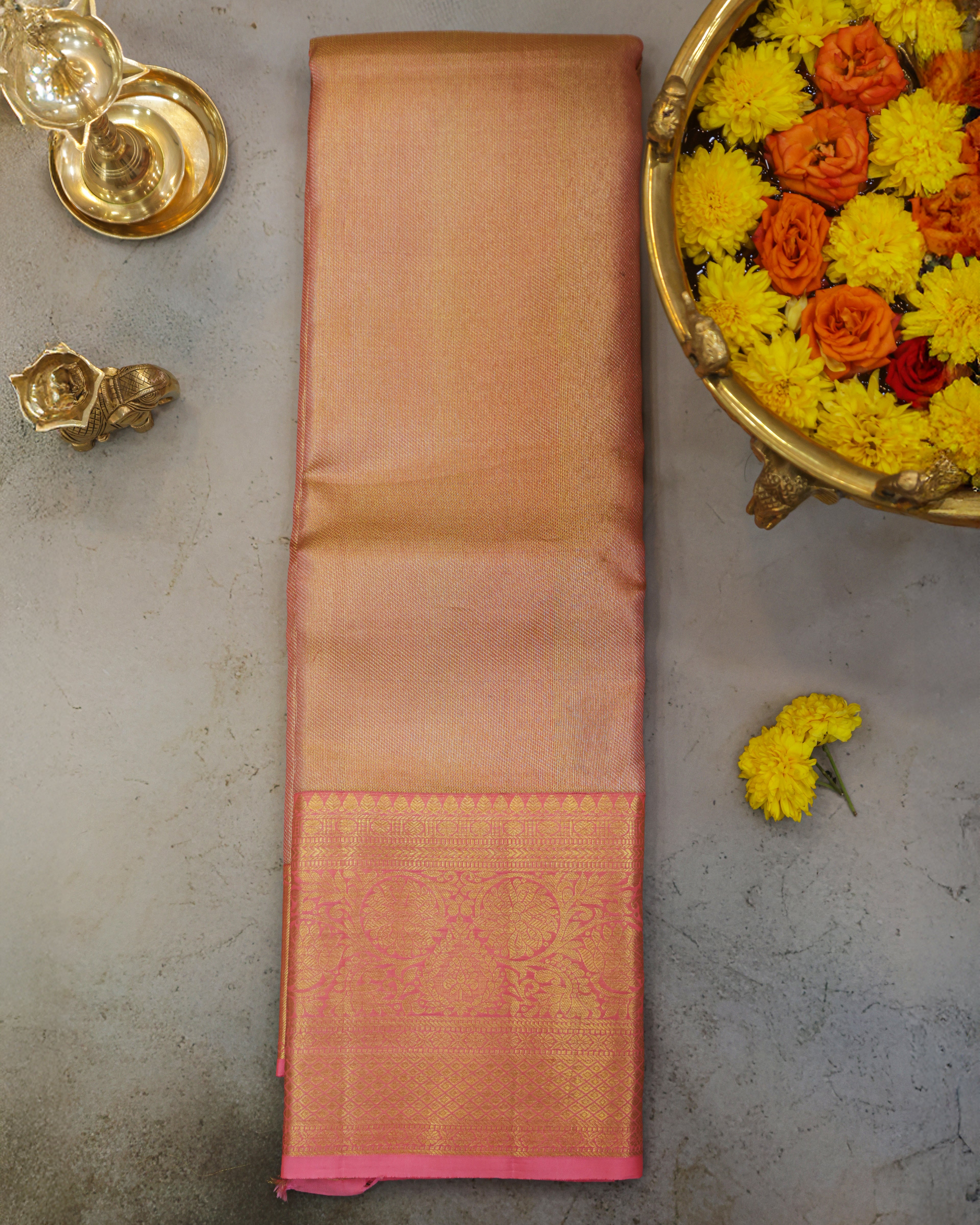 Kanchipuram Tissue Bridal Pure Silk Saree in Gold–Pink Dual Shade