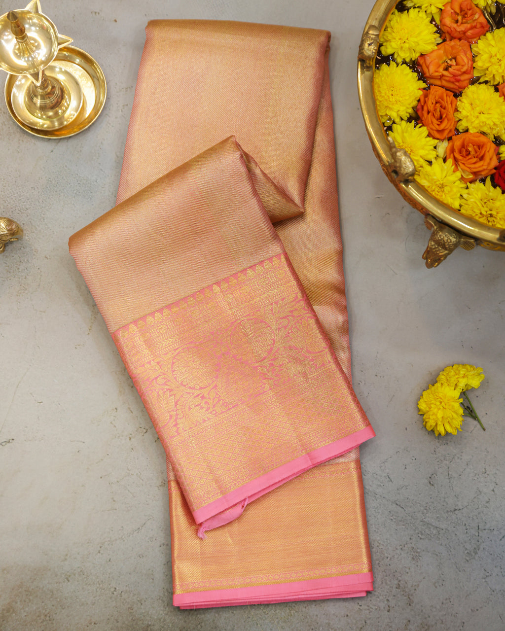 Kanchipuram Tissue Bridal Pure Silk Saree in Gold–Pink Dual Shade