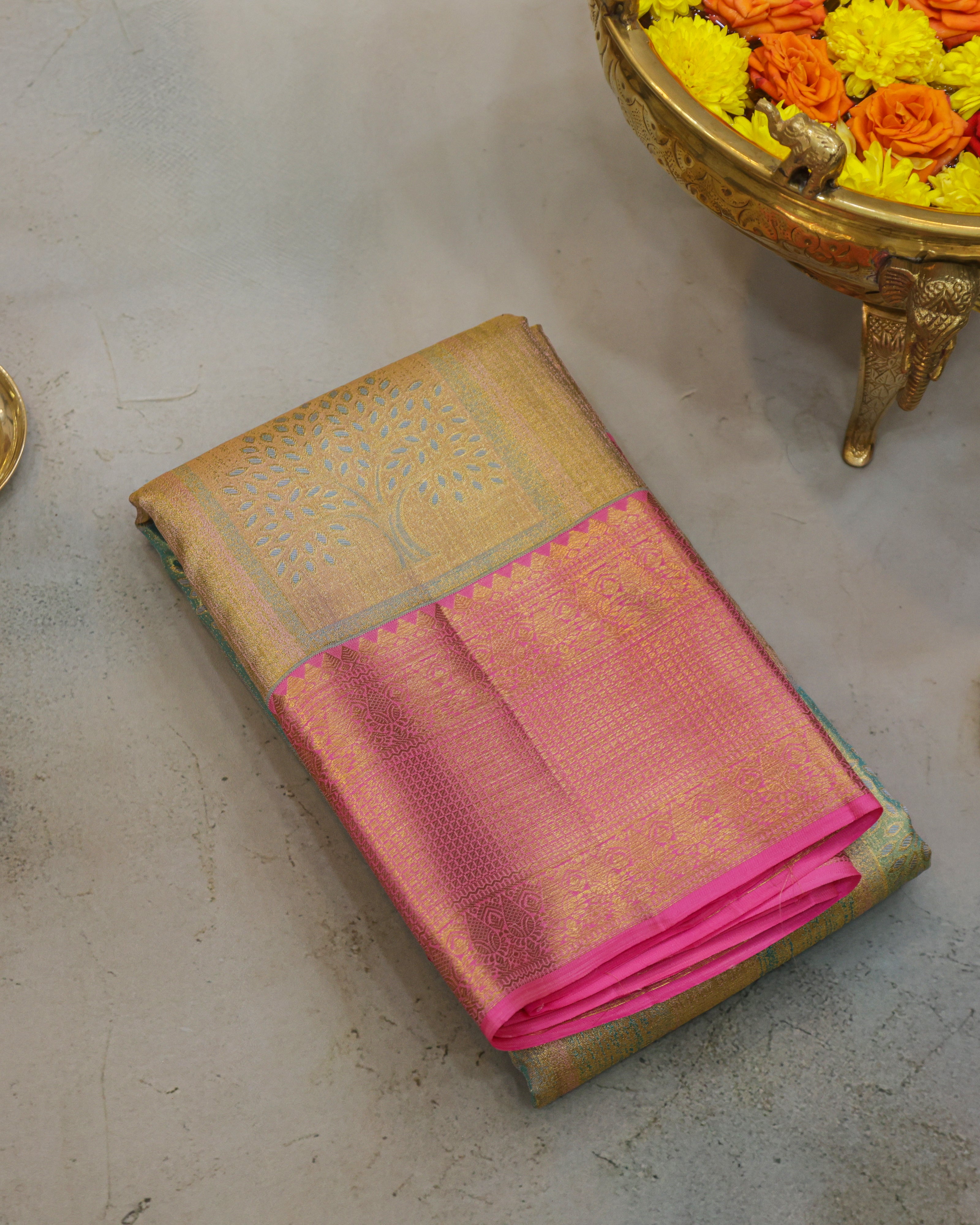 Kanchipuram Tissue Bridal Pure Silk Saree – Pastel Sea Green & Pink