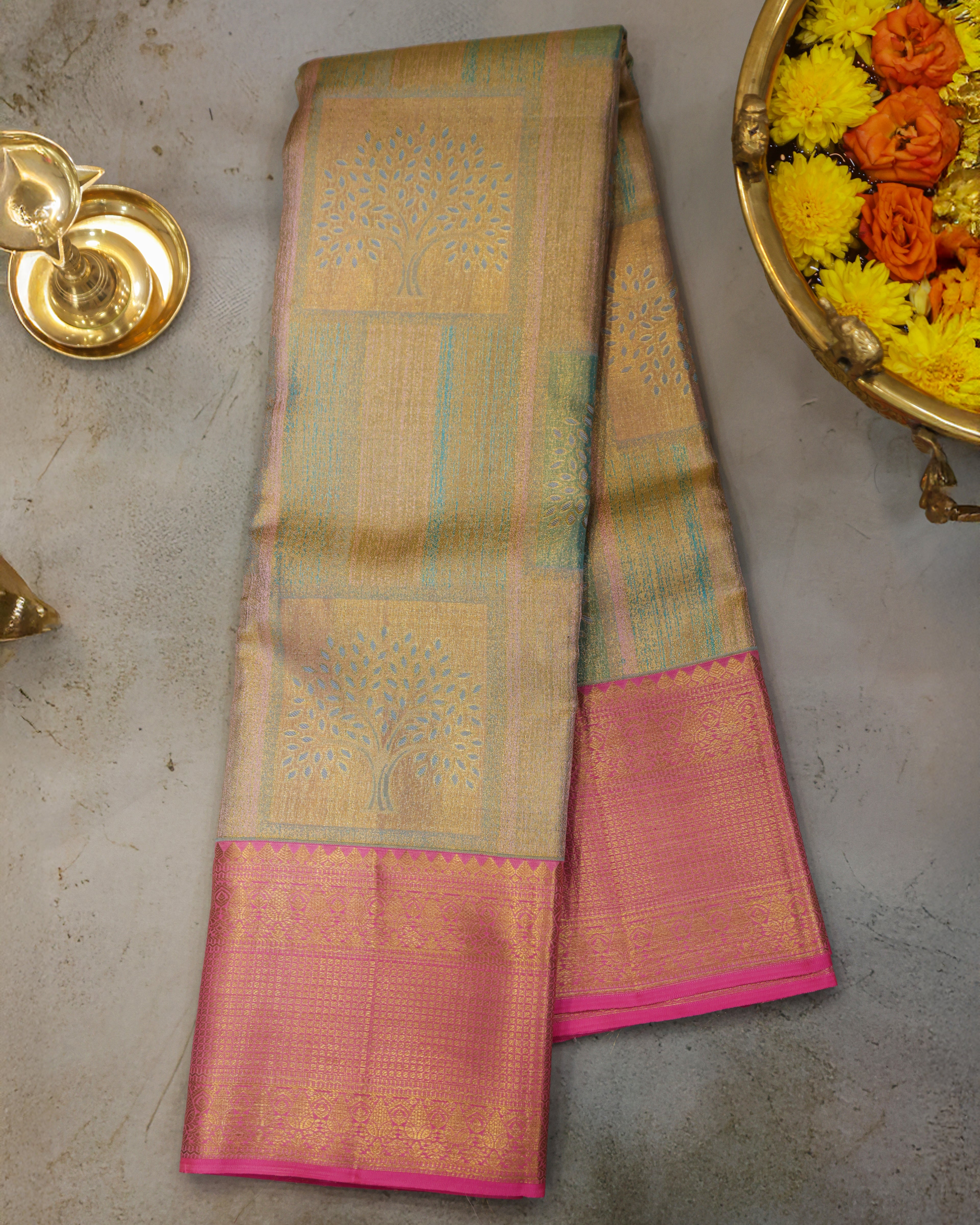 Kanchipuram Tissue Bridal Pure Silk Saree – Pastel Sea Green & Pink