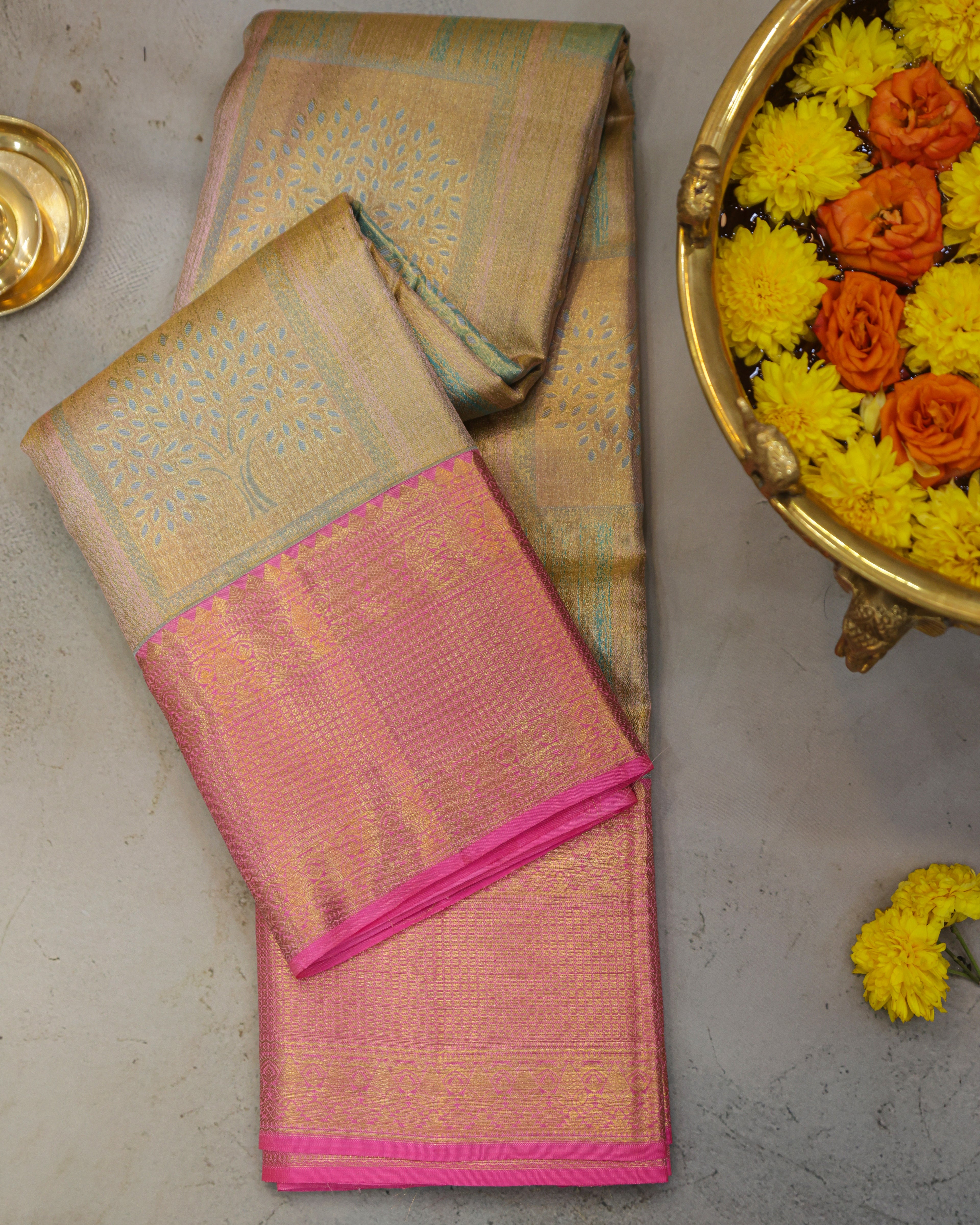 Kanchipuram Tissue Bridal Pure Silk Saree – Pastel Sea Green & Pink
