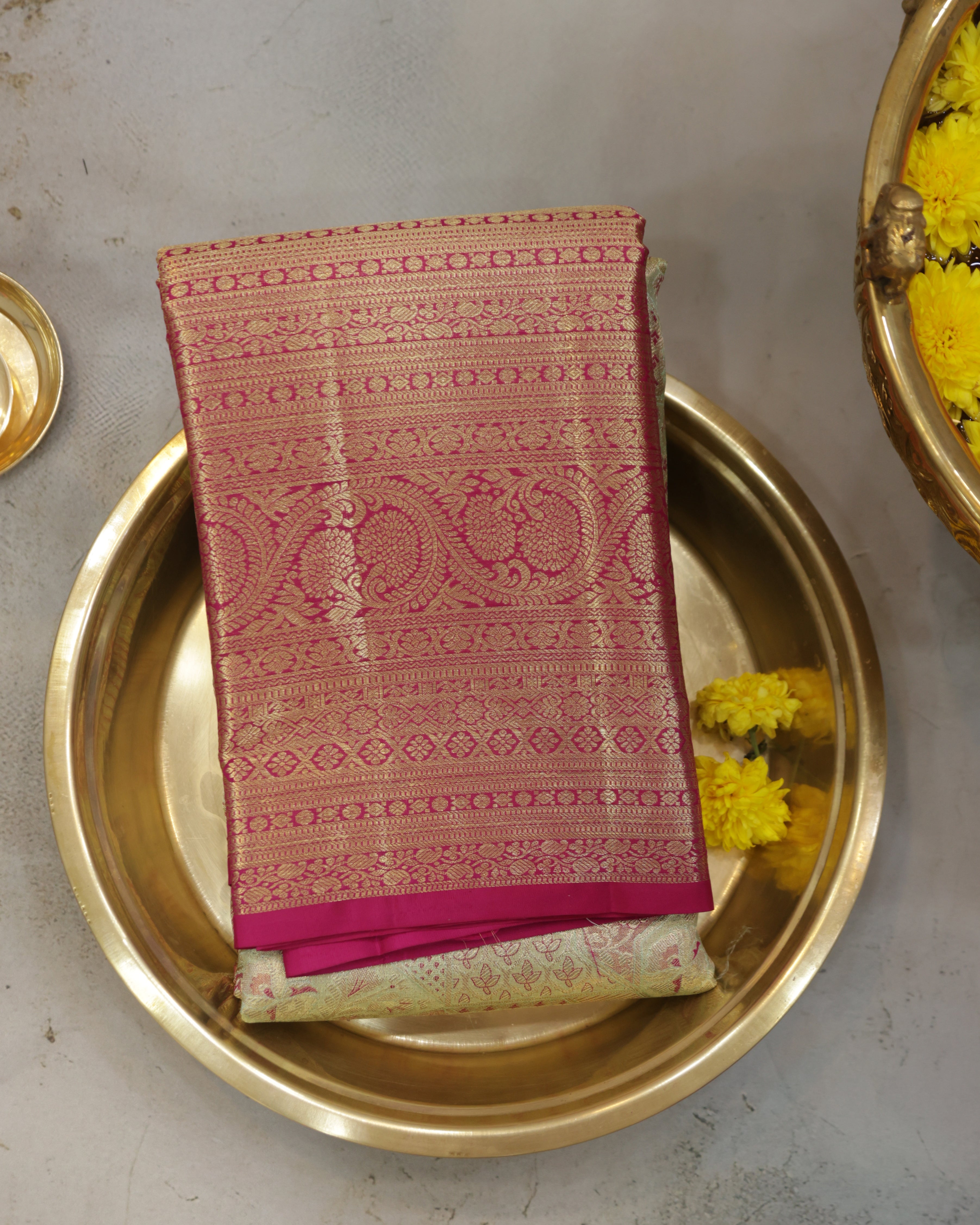 Kanchipuram Tissue Pure Silk Bridal Saree – Pista Green & Rani Pink