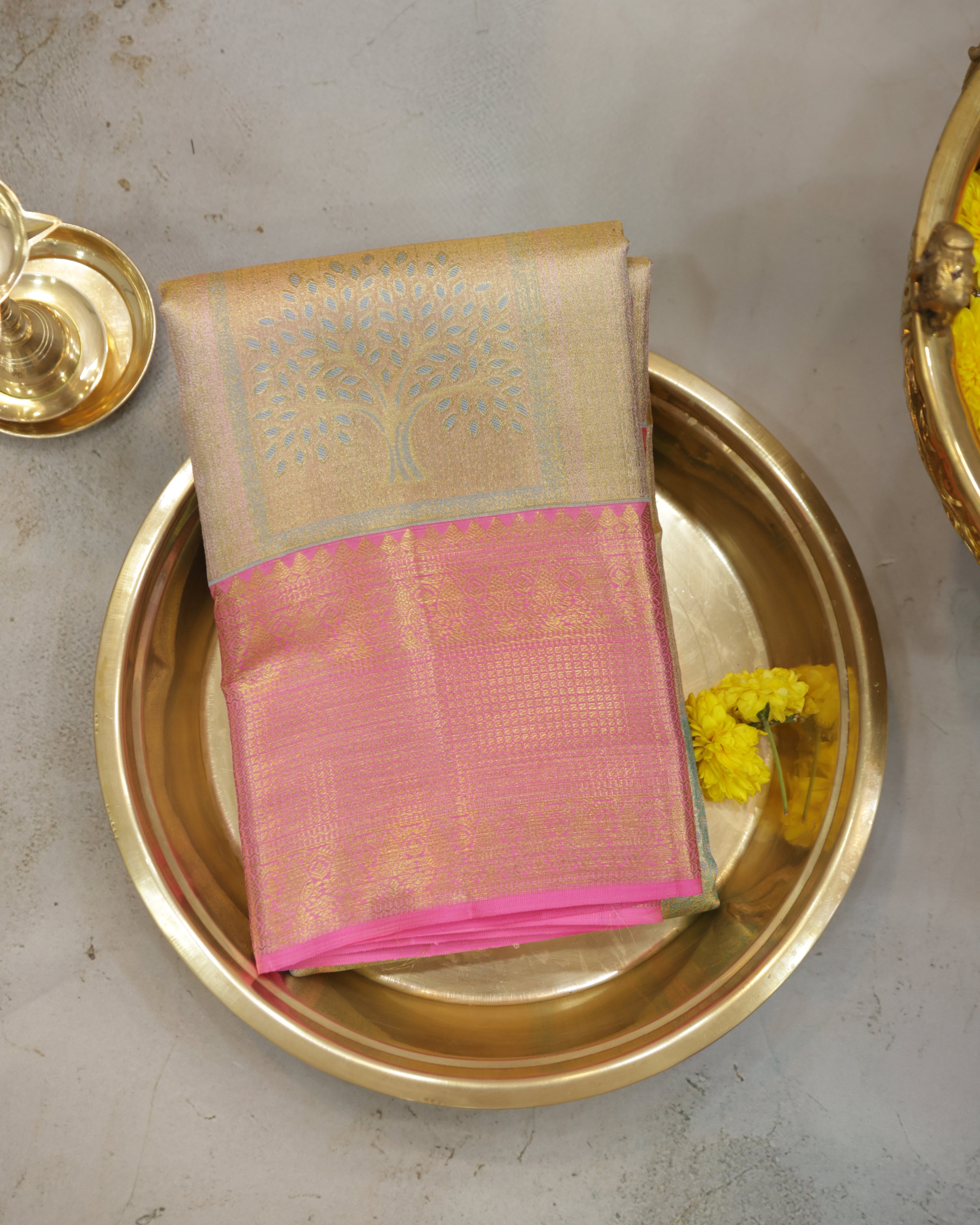 Kanchipuram Tissue Bridal Pure Silk Saree – Pastel Sea Green & Pink