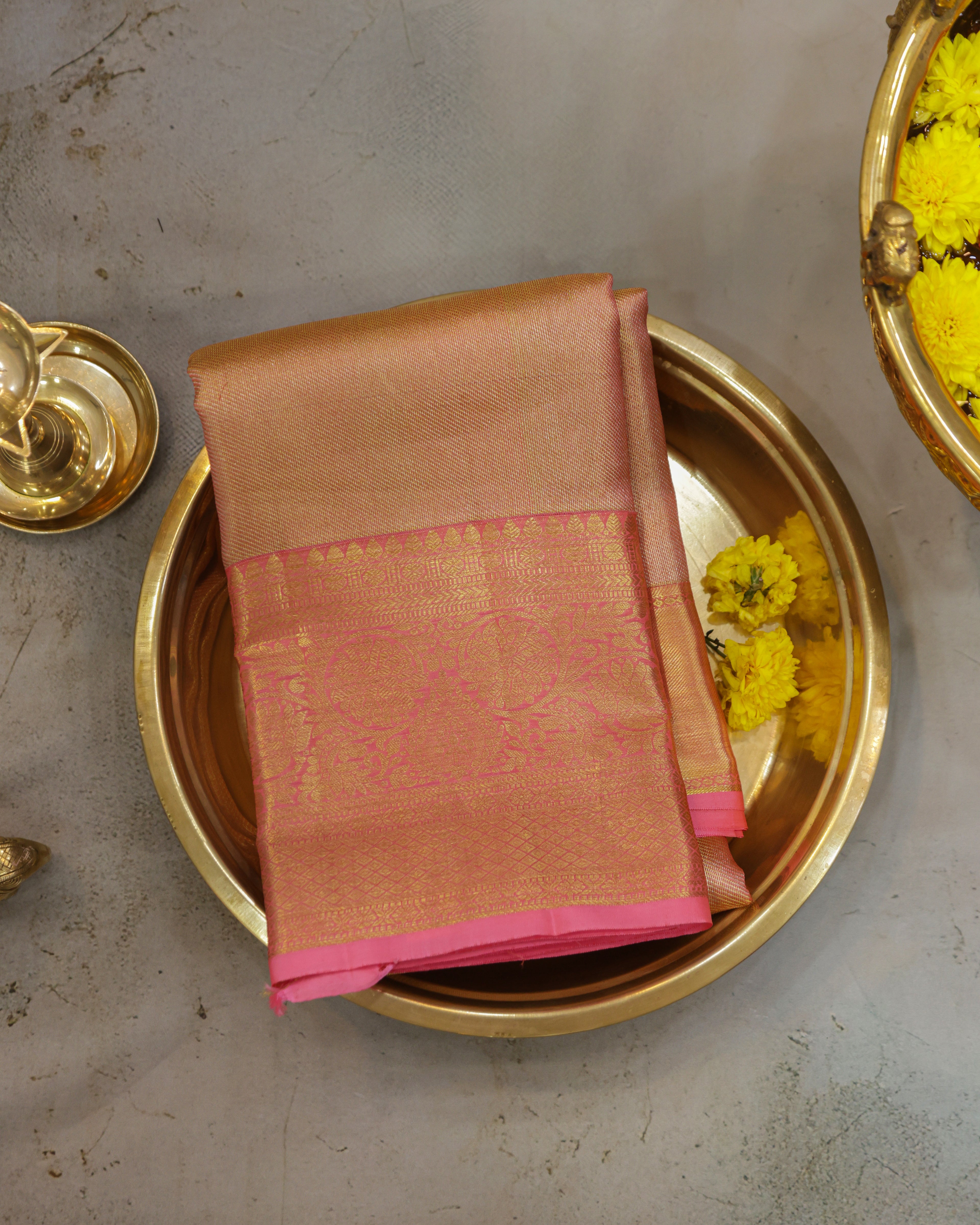 Kanchipuram Tissue Bridal Pure Silk Saree in Gold–Pink Dual Shade