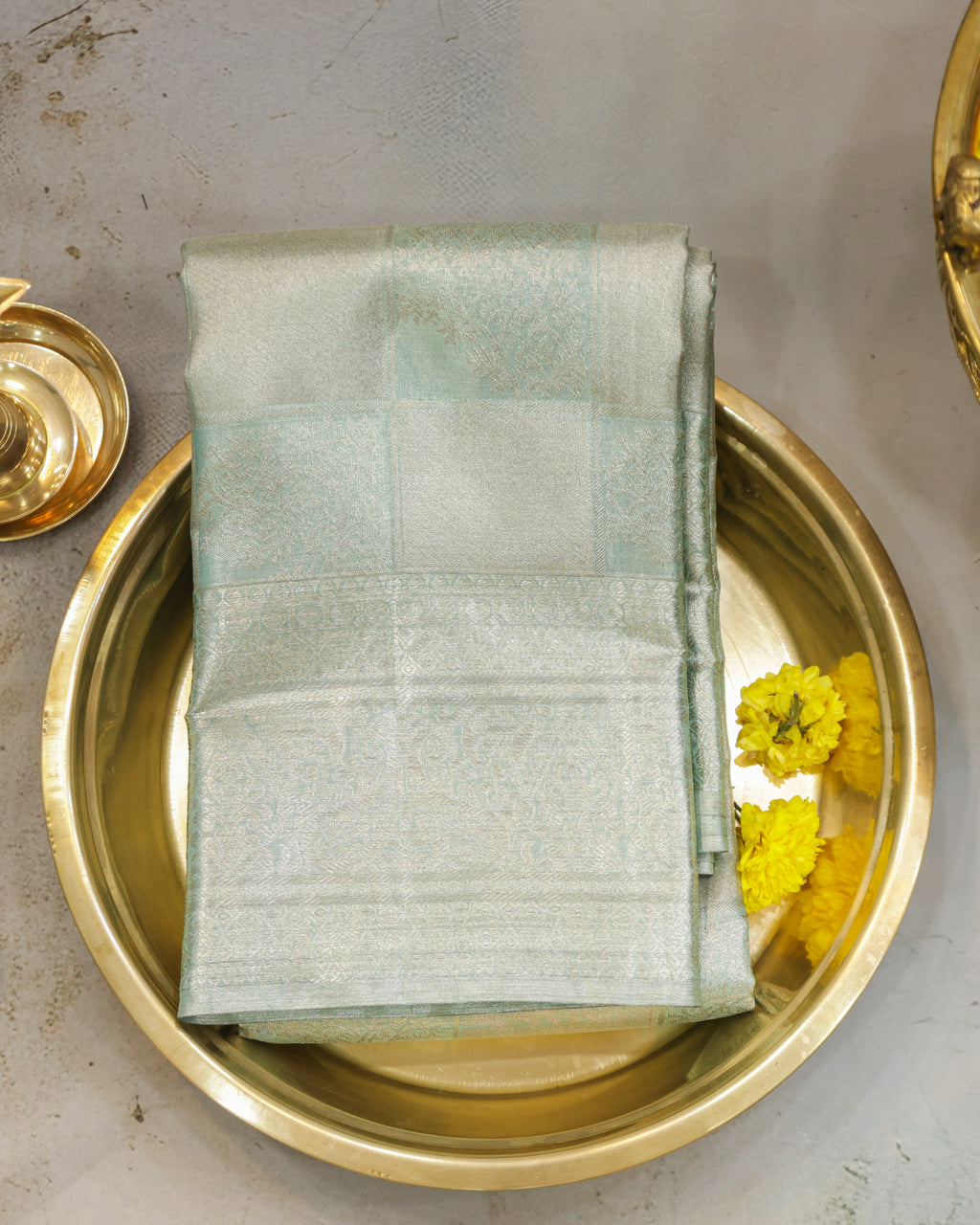 Kanchipuram Tissue Pure Silk Bridal Saree – Pastel Sea Green Checks & Butta