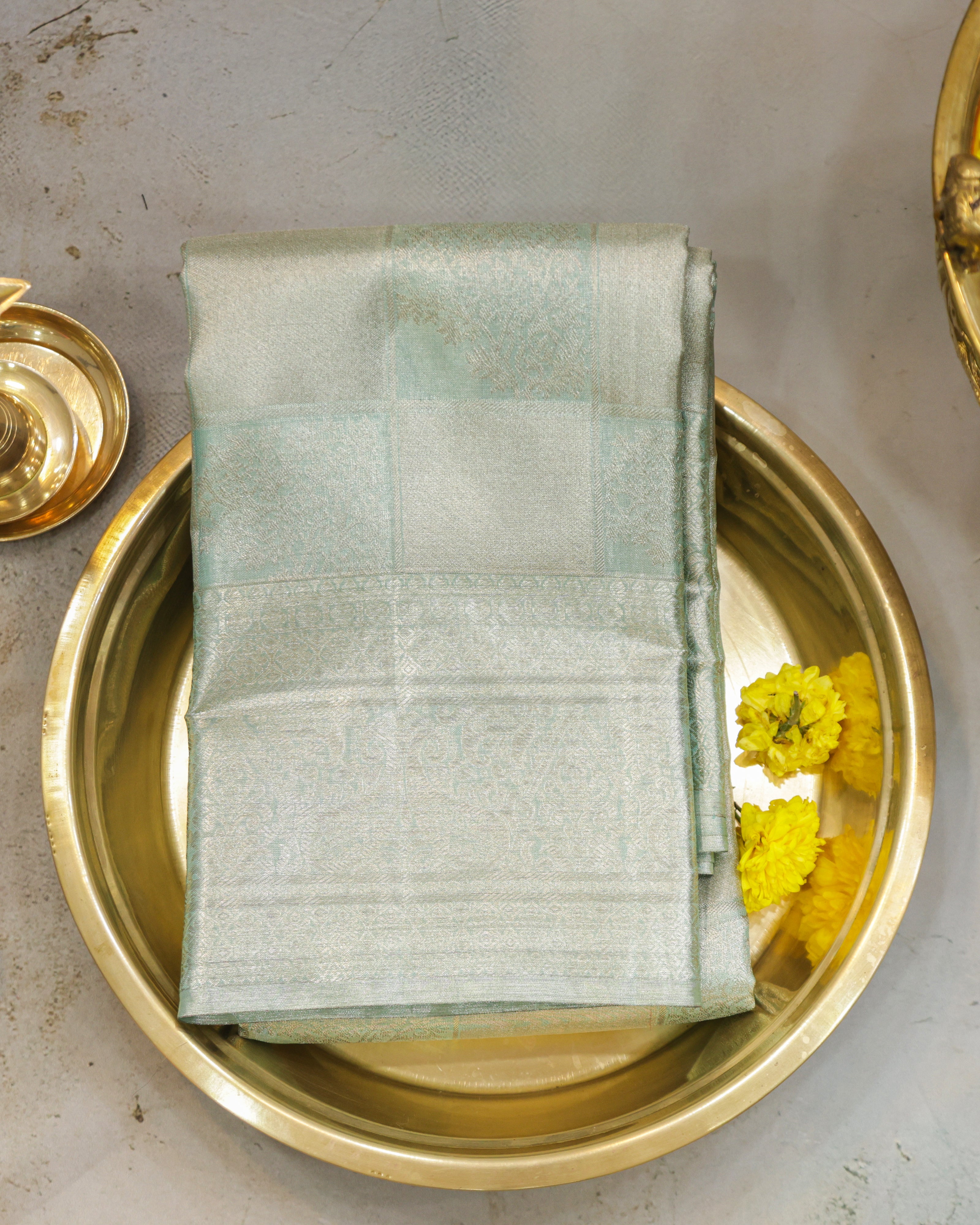 Kanchipuram Tissue Pure Silk Bridal Saree – Pastel Sea Green Checks & Butta