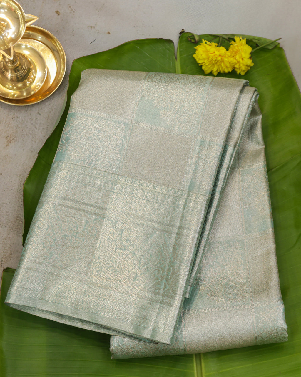 Kanchipuram Tissue Pure Silk Bridal Saree – Pastel Sea Green Checks & Butta