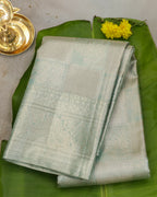 Kanchipuram Tissue Pure Silk Bridal Saree – Pastel Sea Green Checks & Butta