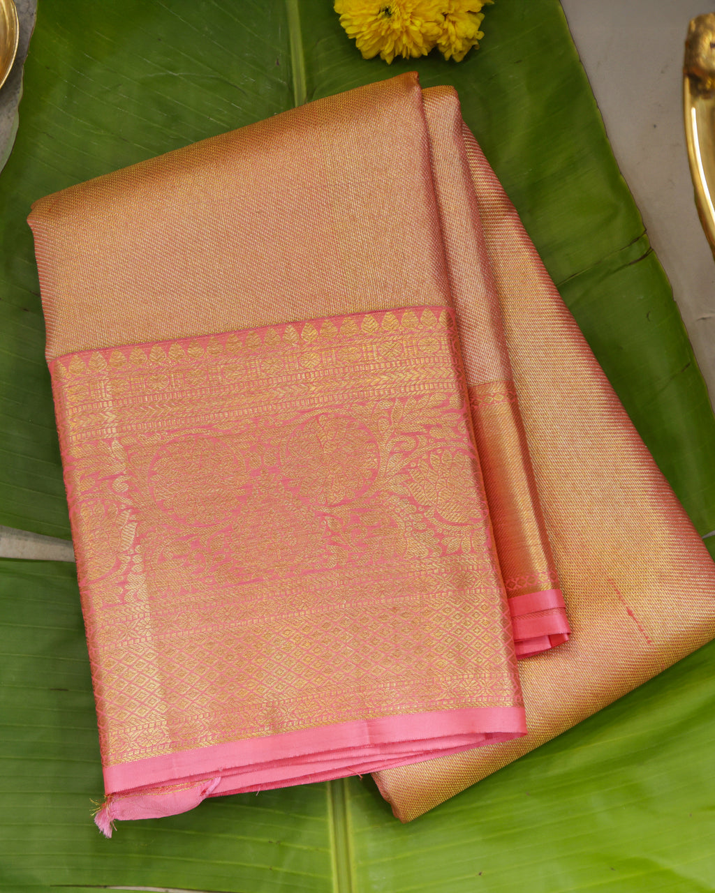 Kanchipuram Tissue Bridal Pure Silk Saree in Gold–Pink Dual Shade