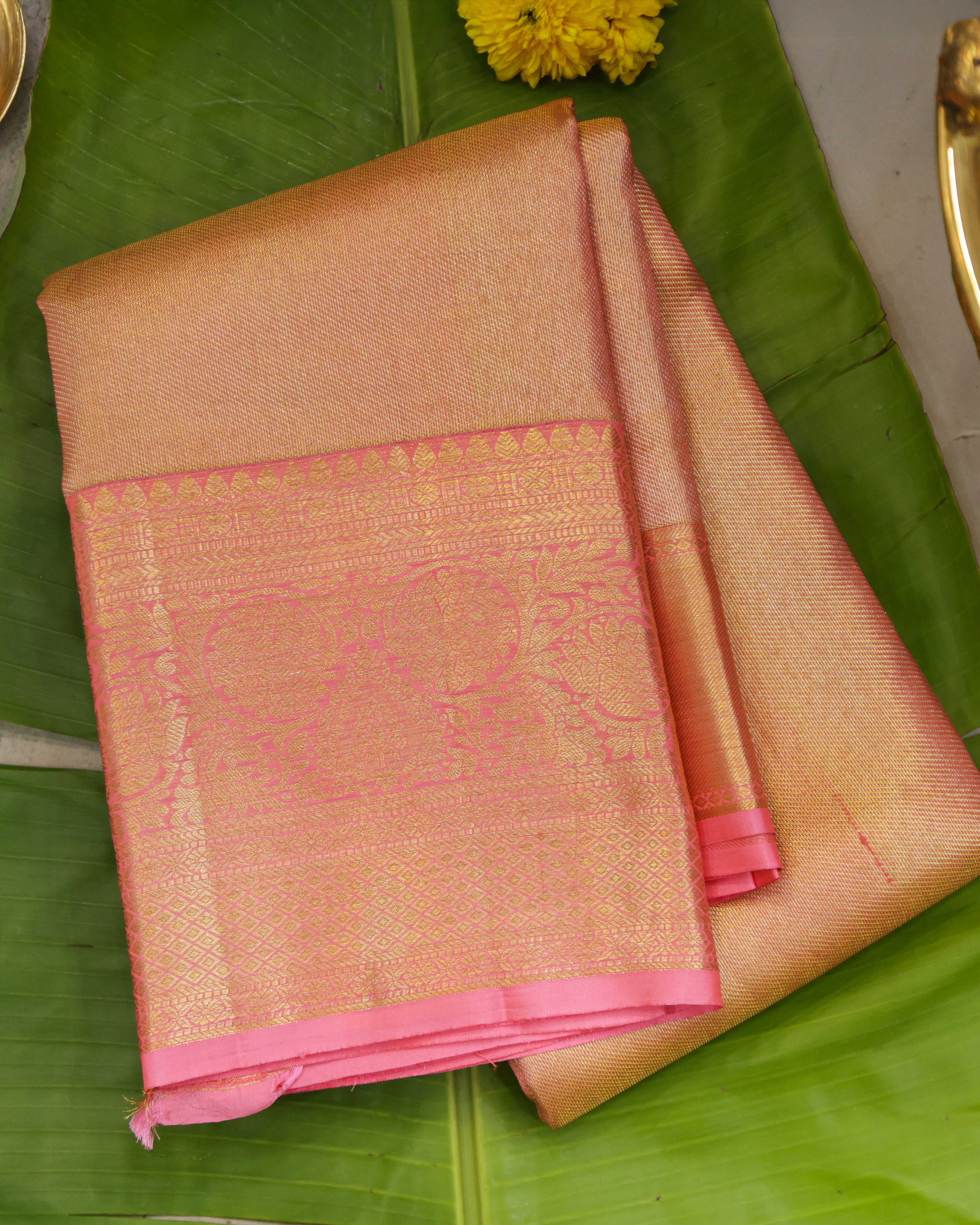 Kanchipuram Tissue Bridal Pure Silk Saree in Gold–Pink Dual Shade