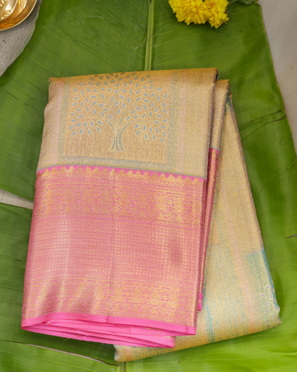 Kanchipuram Tissue Bridal Pure Silk Saree – Pastel Sea Green & Pink