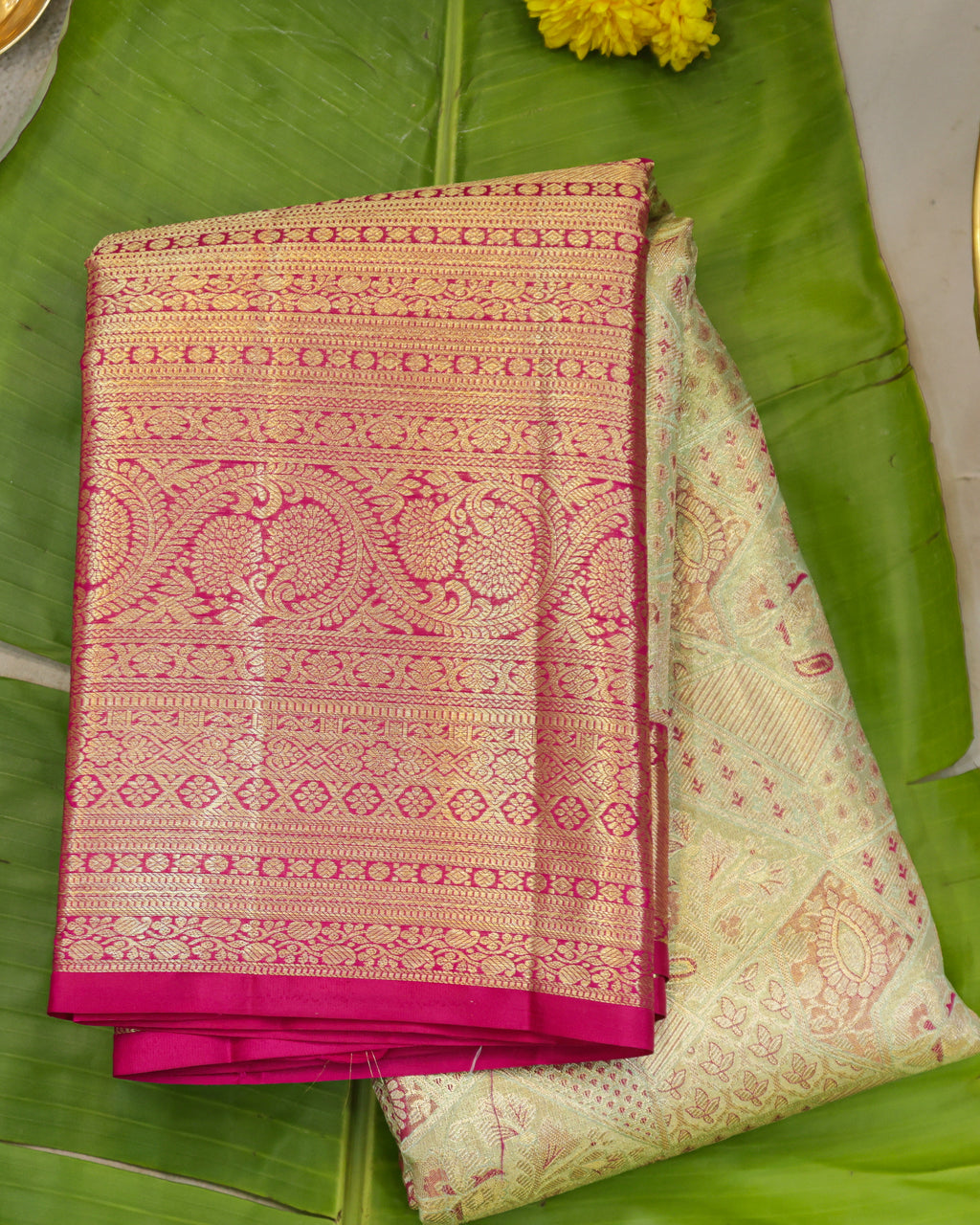 Kanchipuram Tissue Pure Silk Bridal Saree – Pista Green & Rani Pink