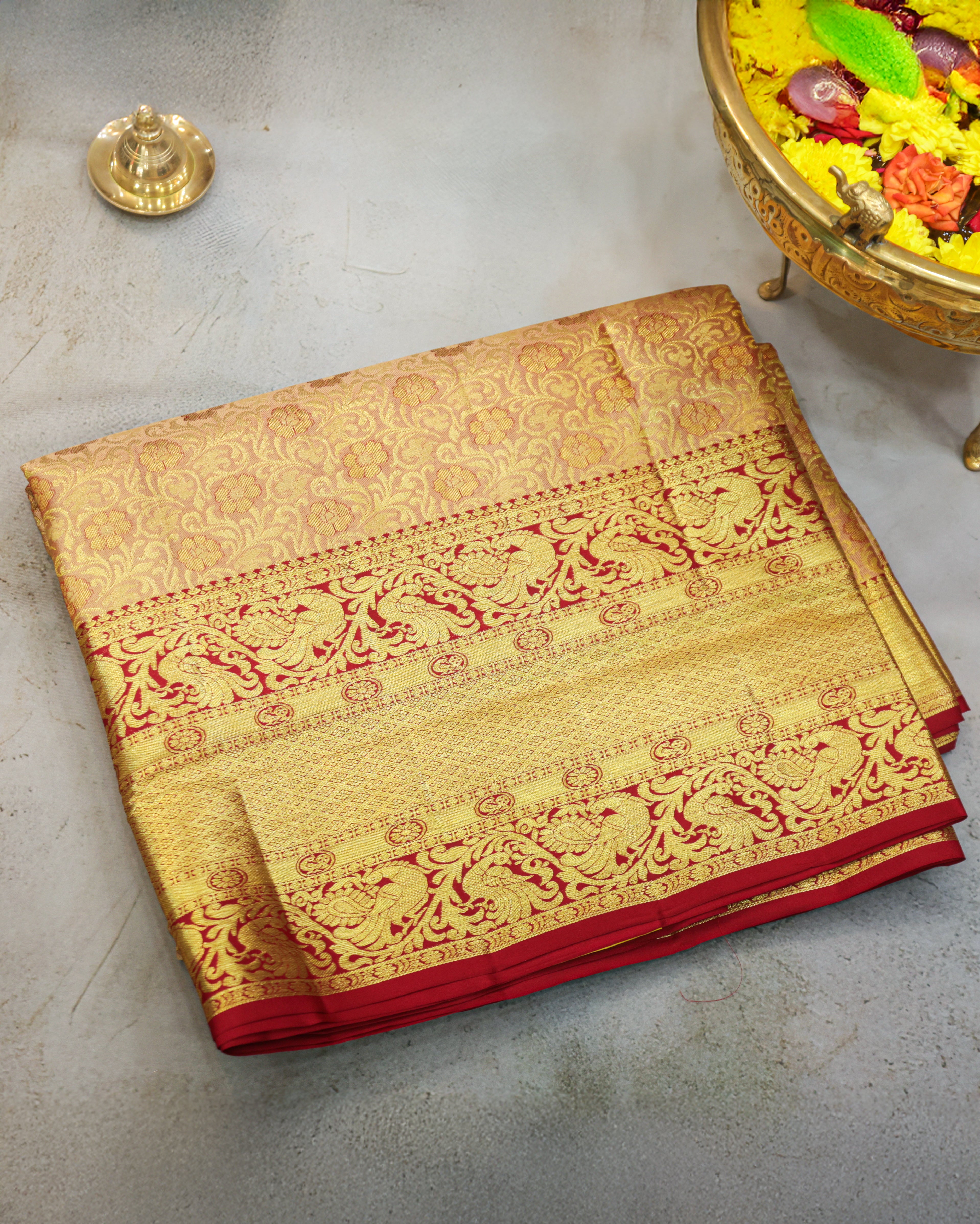 Classic Kanchipuram Bridal Silk Saree in Cream & Red