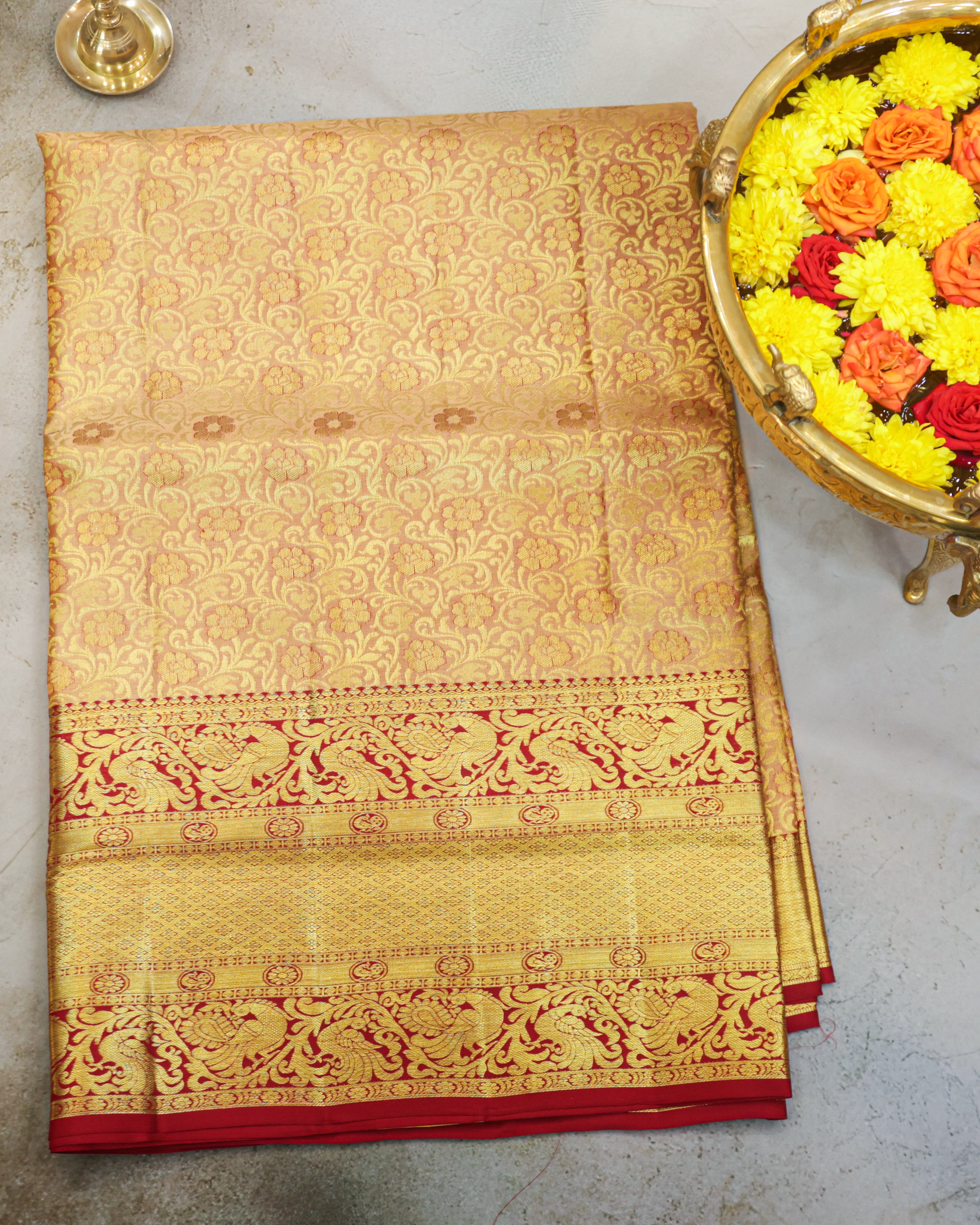 Classic Kanchipuram Bridal Silk Saree in Cream & Red