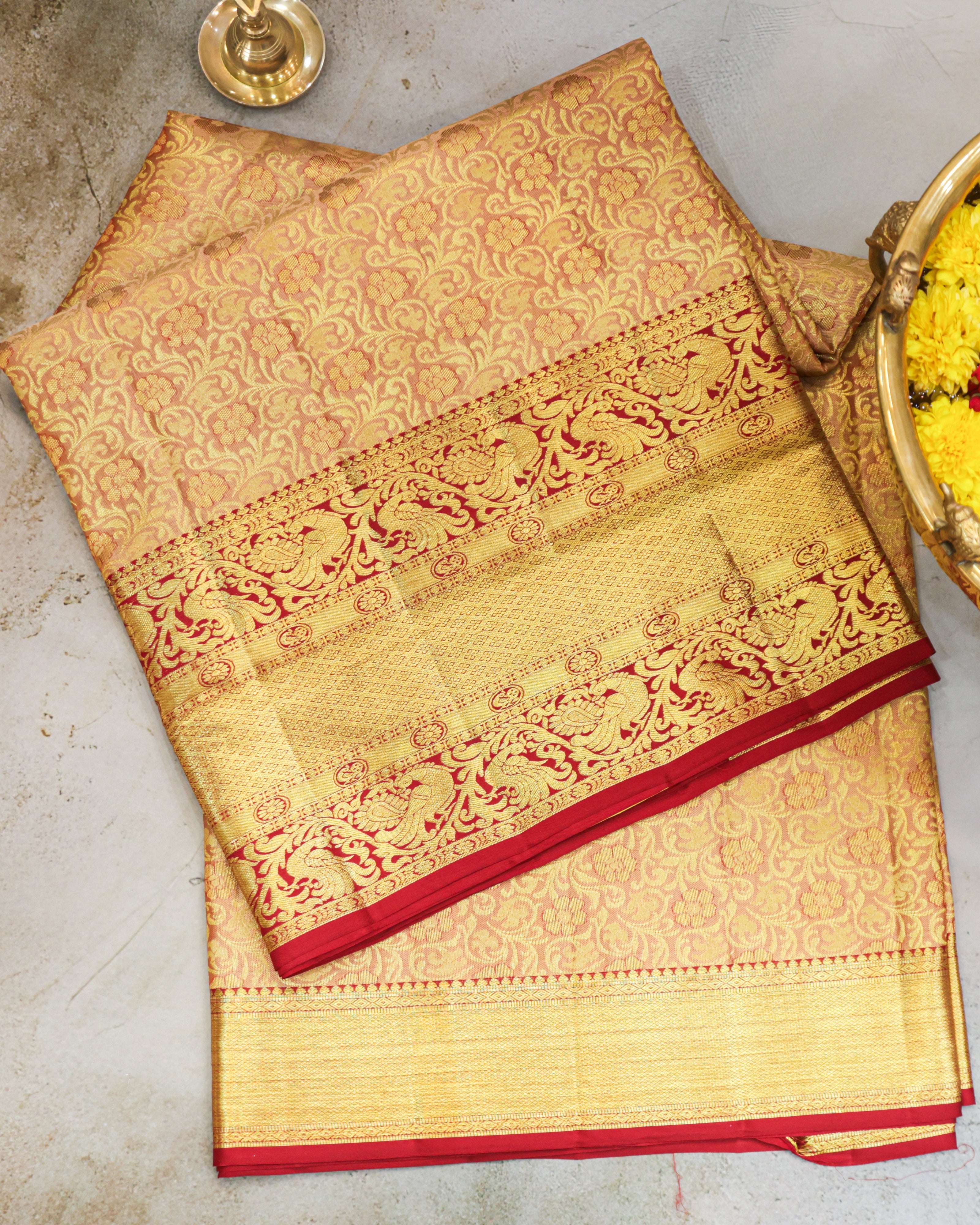 Classic Kanchipuram Bridal Silk Saree in Cream & Red