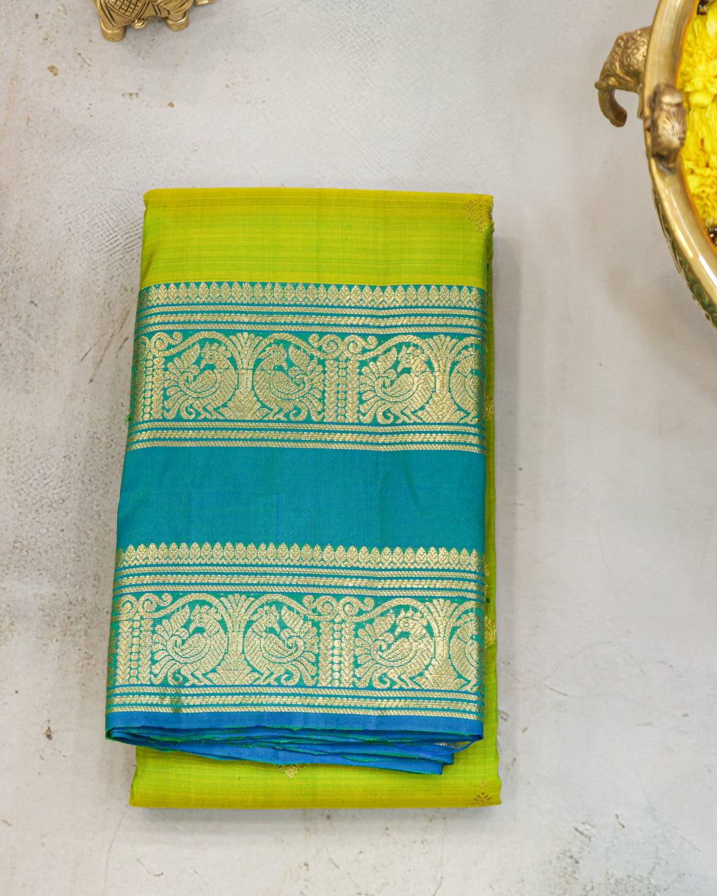 Kanchipuram Pure Silk Parrot Green & Rama Blue Butta Saree
