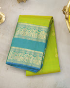 Kanchipuram Pure Silk Parrot Green & Rama Blue Butta Saree