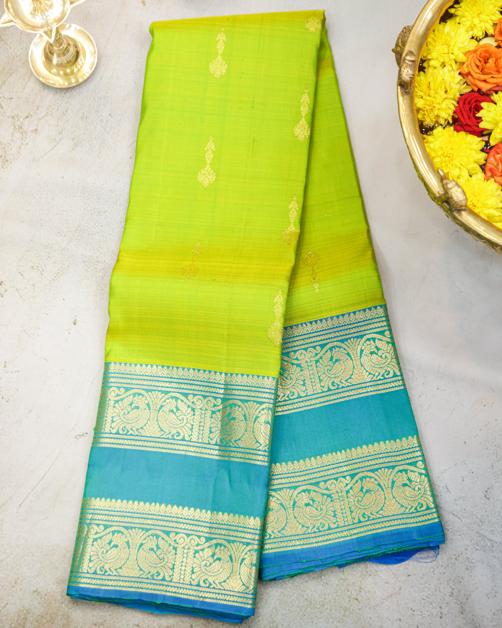 Kanchipuram Pure Silk Parrot Green & Rama Blue Butta Saree