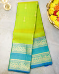 Kanchipuram Pure Silk Parrot Green & Rama Blue Butta Saree