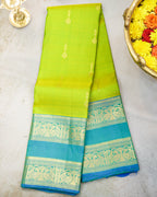 Kanchipuram Pure Silk Parrot Green & Rama Blue Butta Saree