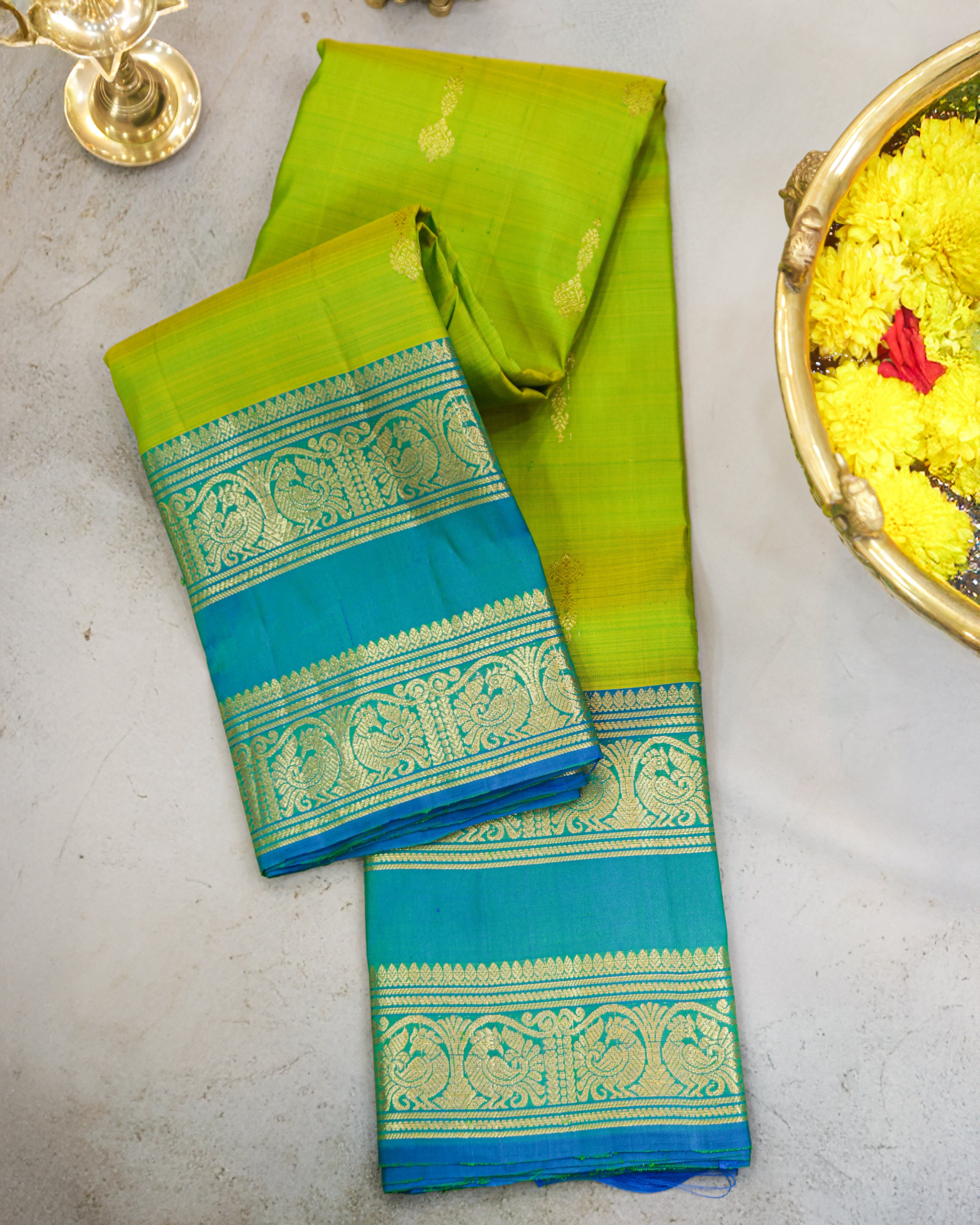 Kanchipuram Pure Silk Parrot Green & Rama Blue Butta Saree