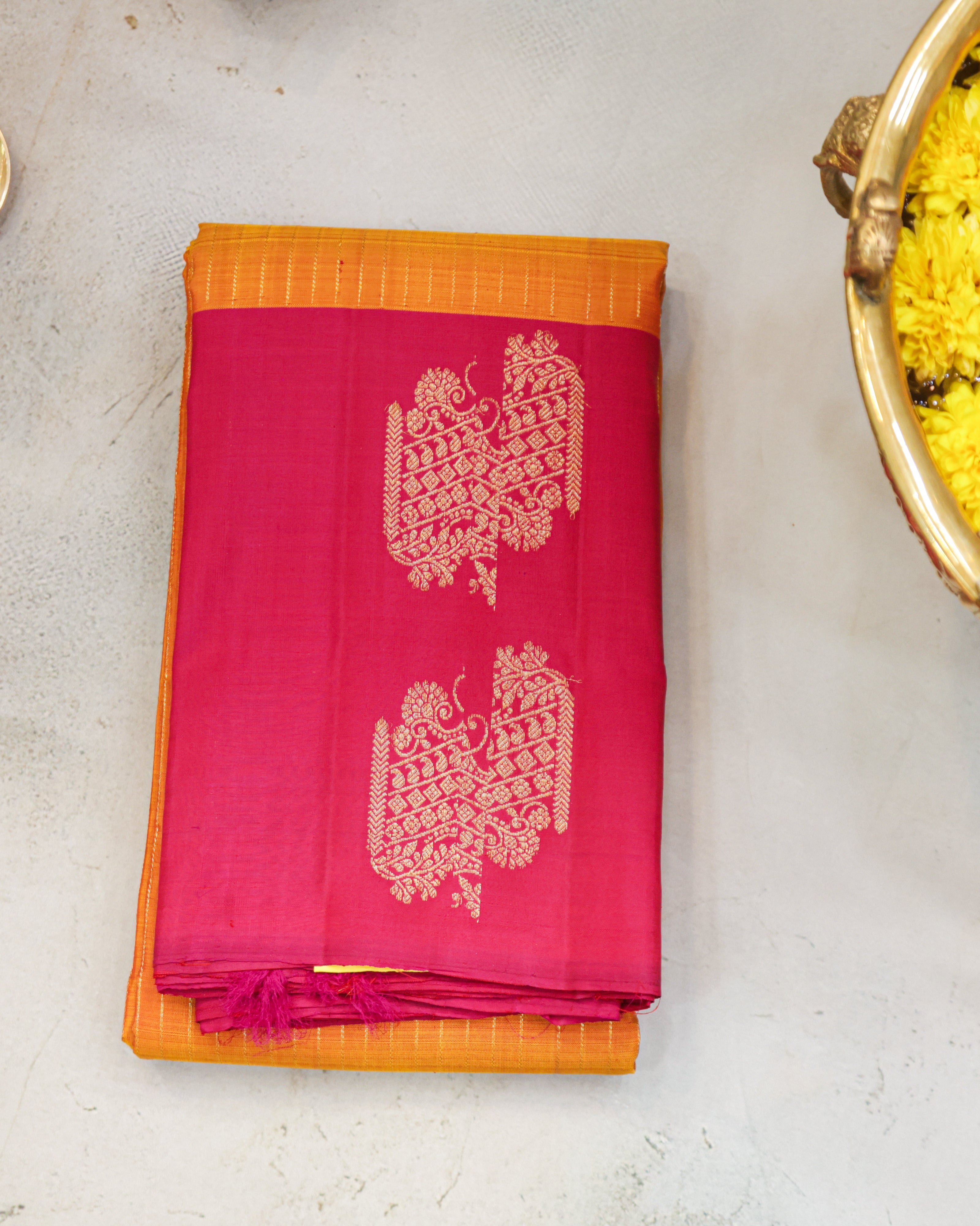Kanchipuram Pure Silk Saree in Turmeric Yellow & Rani Pink with Zari Border