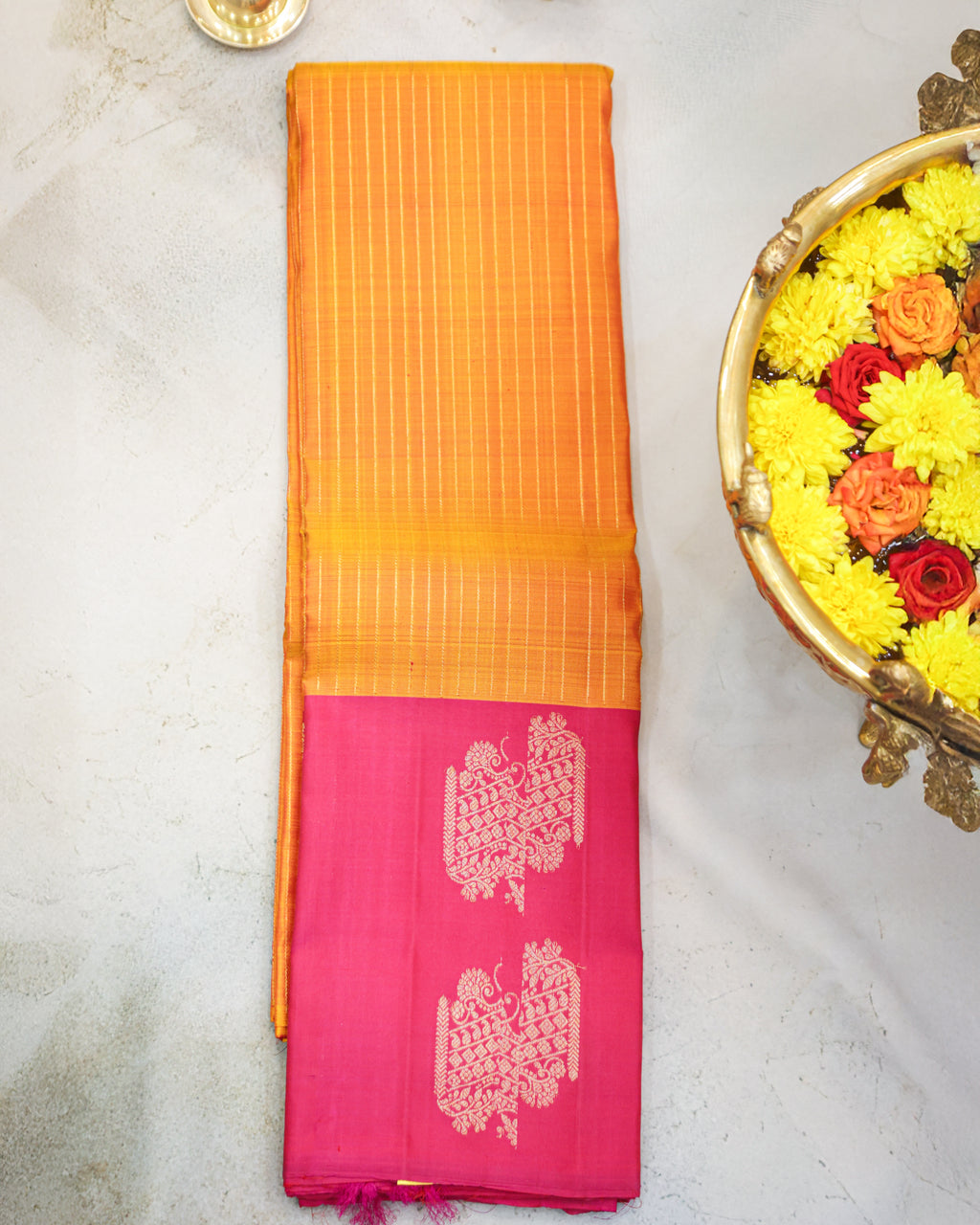 Kanchipuram Pure Silk Saree in Turmeric Yellow & Rani Pink with Zari Border