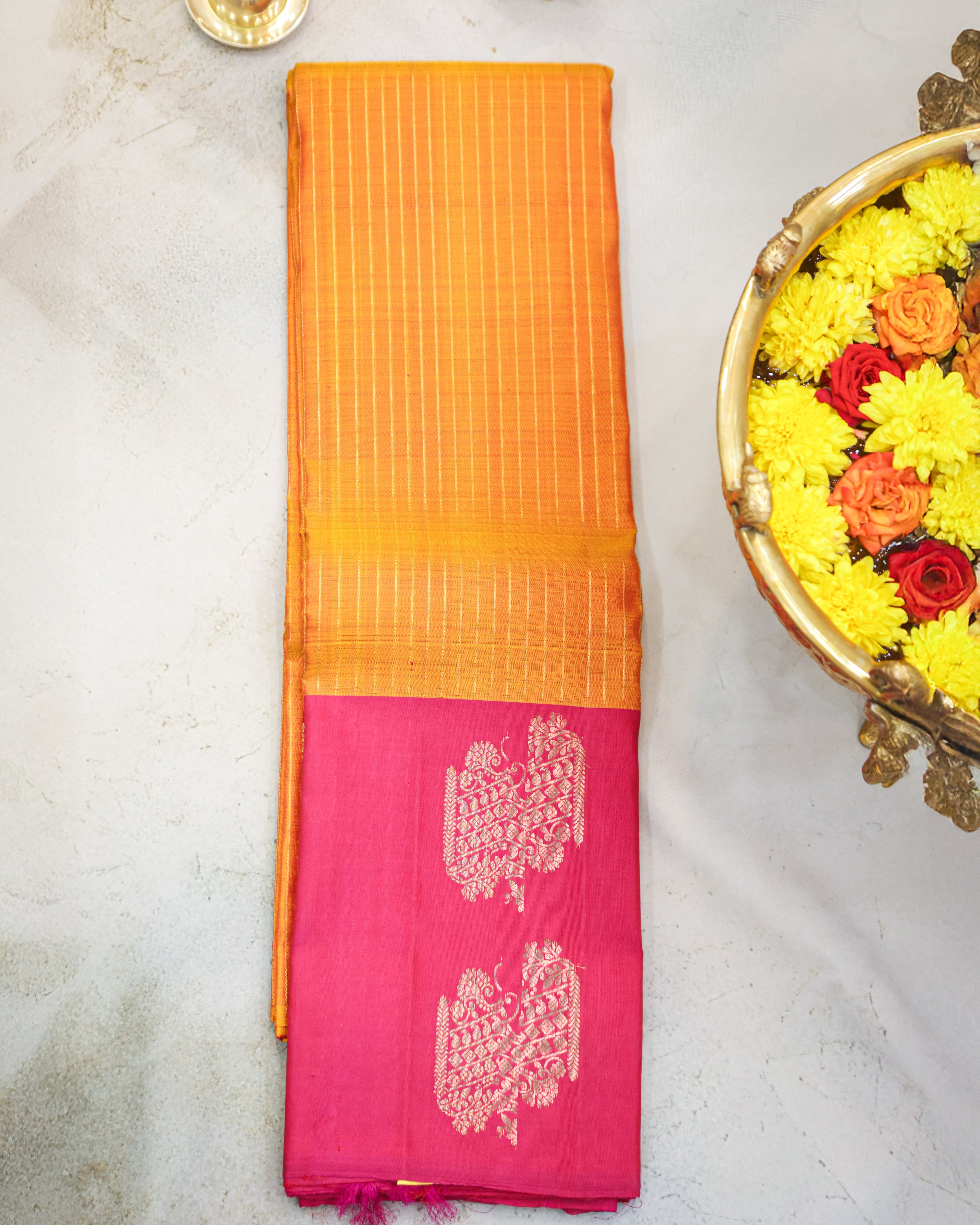 Kanchipuram Pure Silk Saree in Turmeric Yellow & Rani Pink with Zari Border