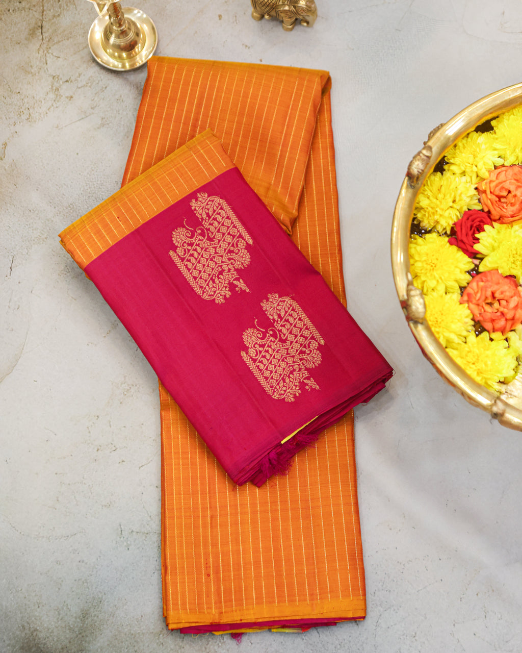 Kanchipuram Pure Silk Saree in Turmeric Yellow & Rani Pink with Zari Border
