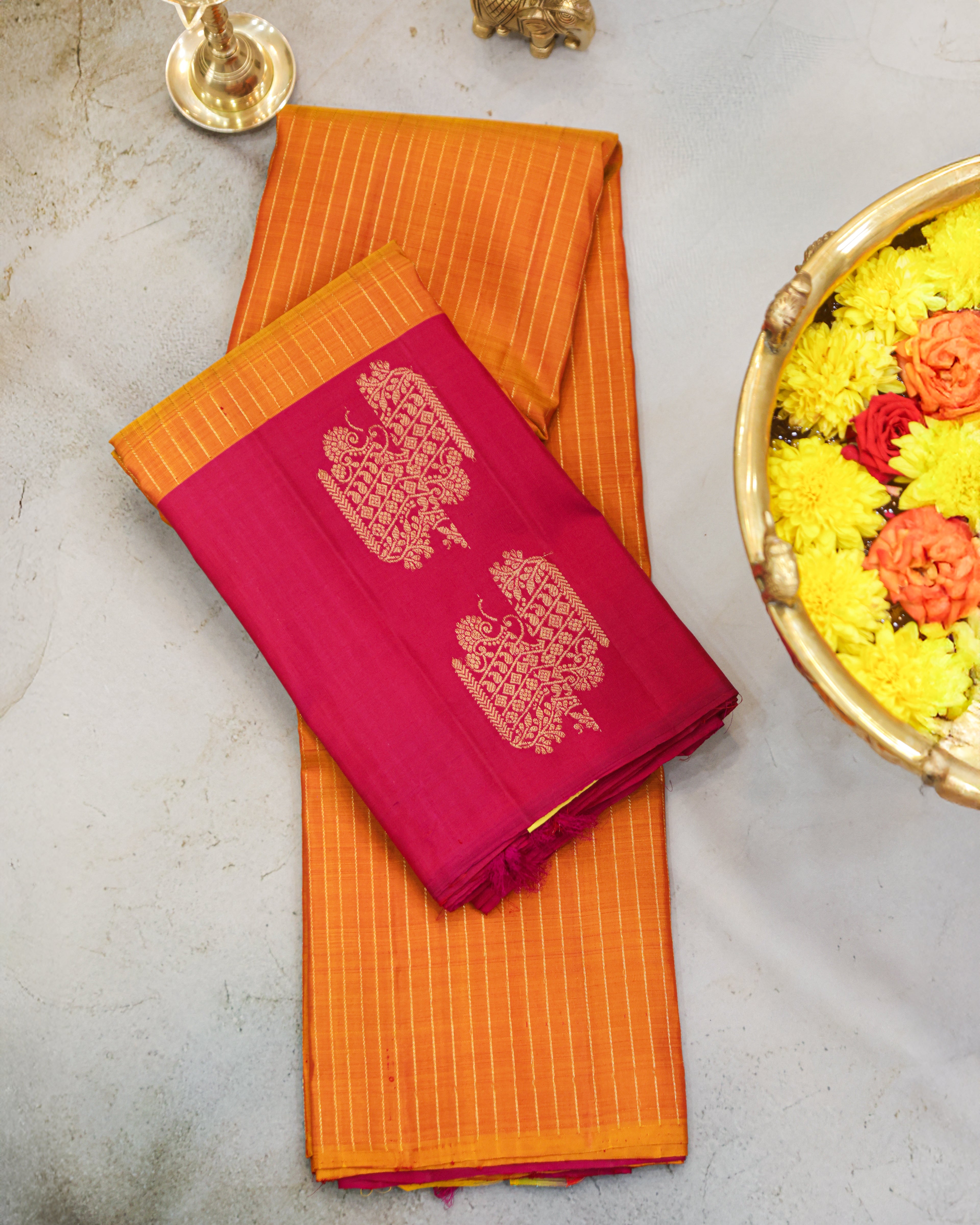 Kanchipuram Pure Silk Saree in Turmeric Yellow & Rani Pink with Zari Border