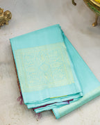 Kanchipuram Pure Silk Saree in Sea Green & Wine with Golden Zari