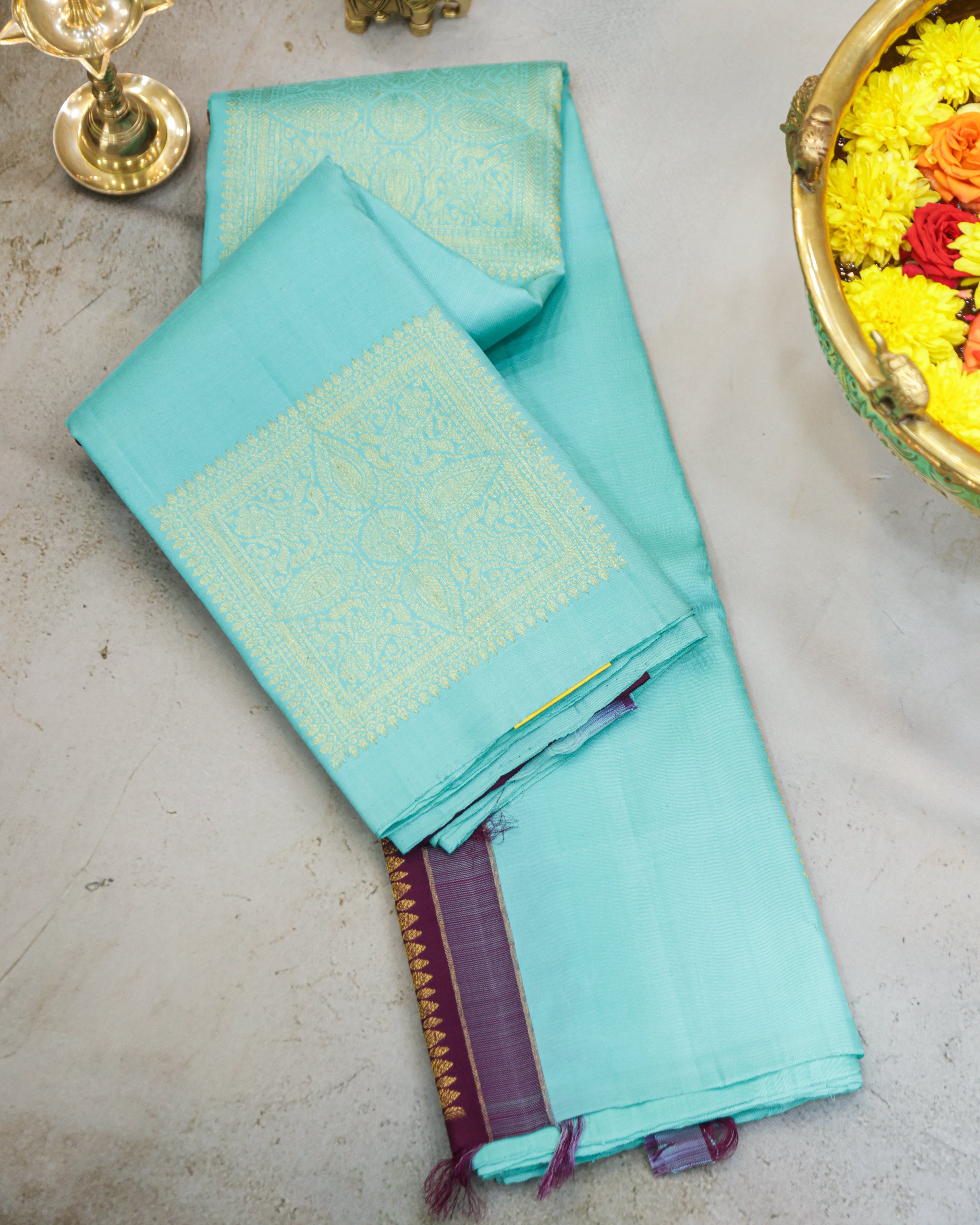 Kanchipuram Pure Silk Saree in Sea Green & Wine with Golden Zari