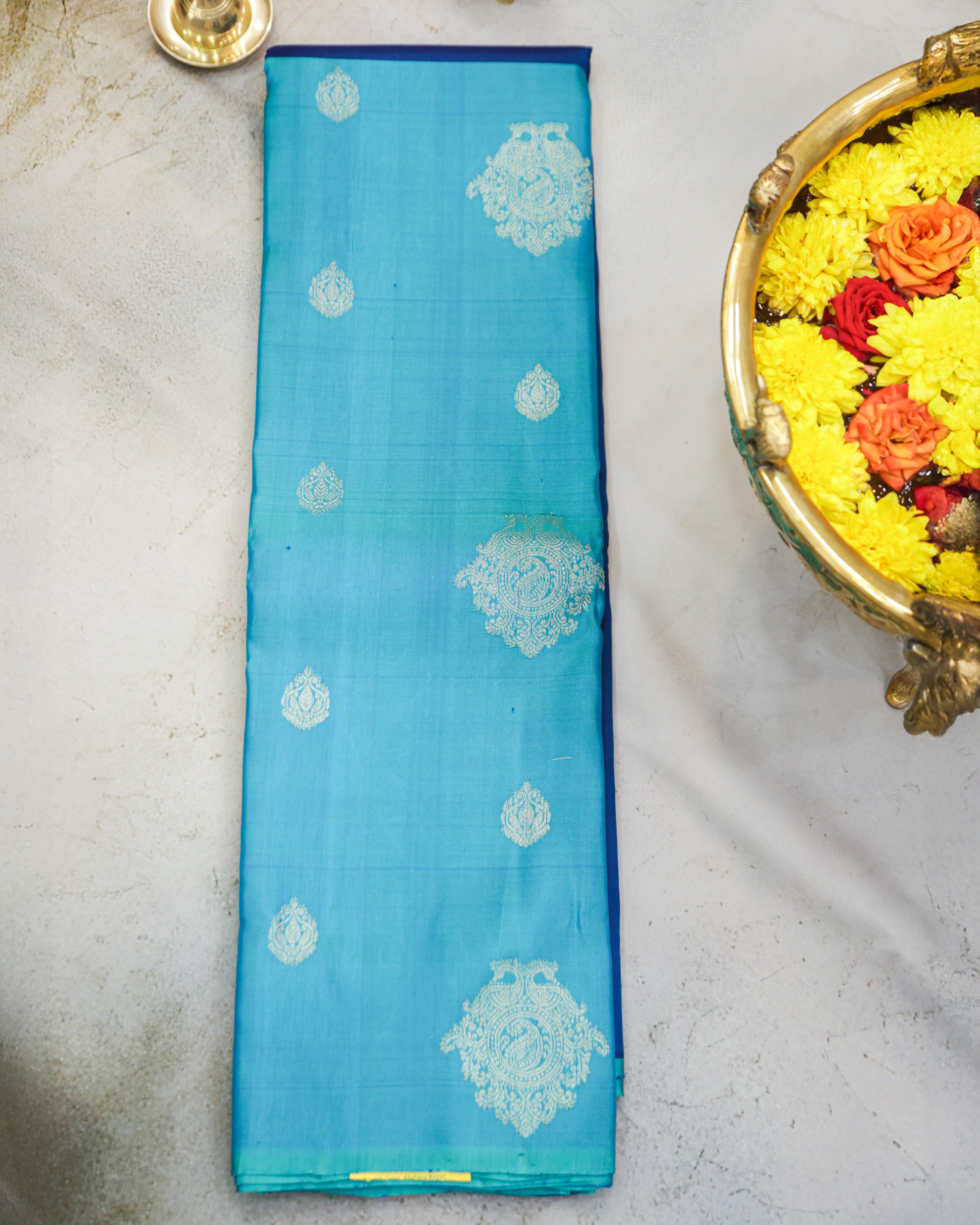 Kanchipuram Half & Half Pure Silk Saree in Blue and Sea Green