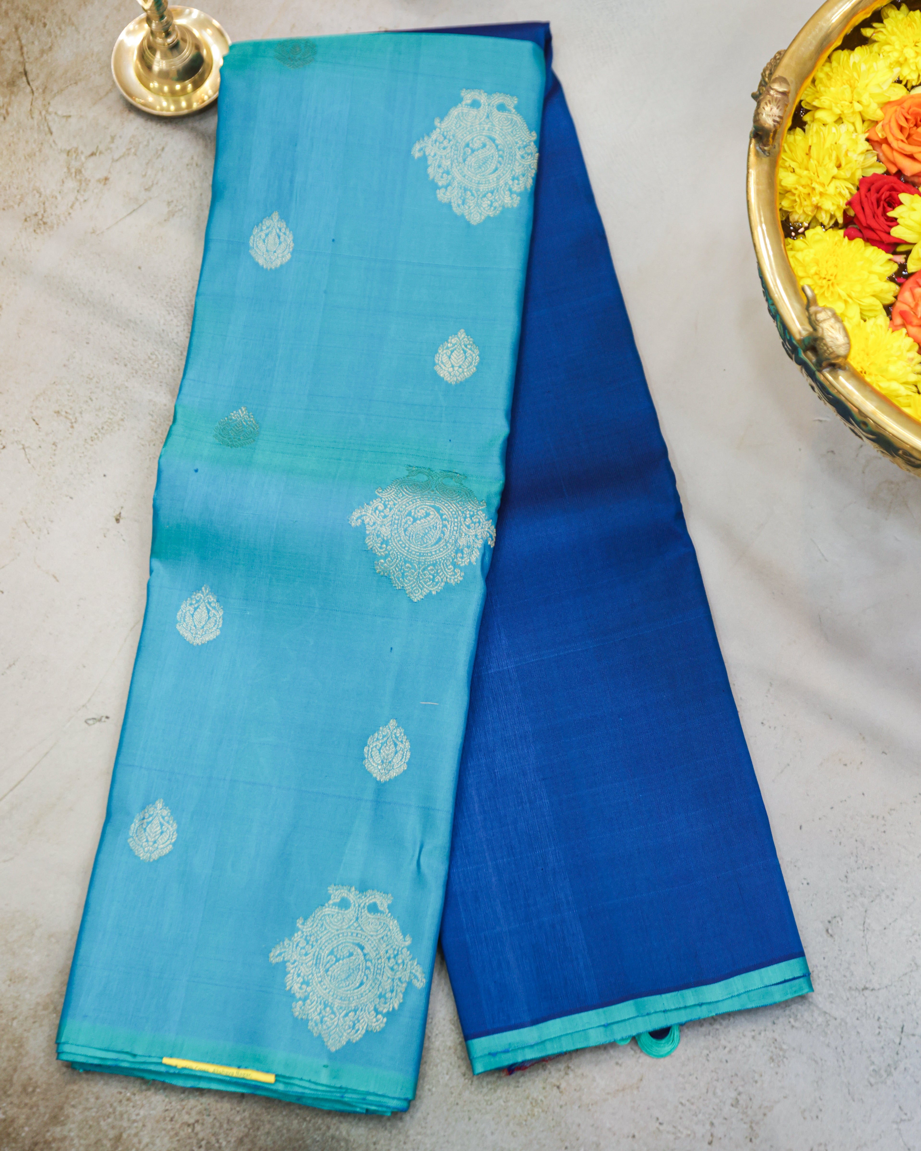 Kanchipuram Half & Half Pure Silk Saree in Blue and Sea Green