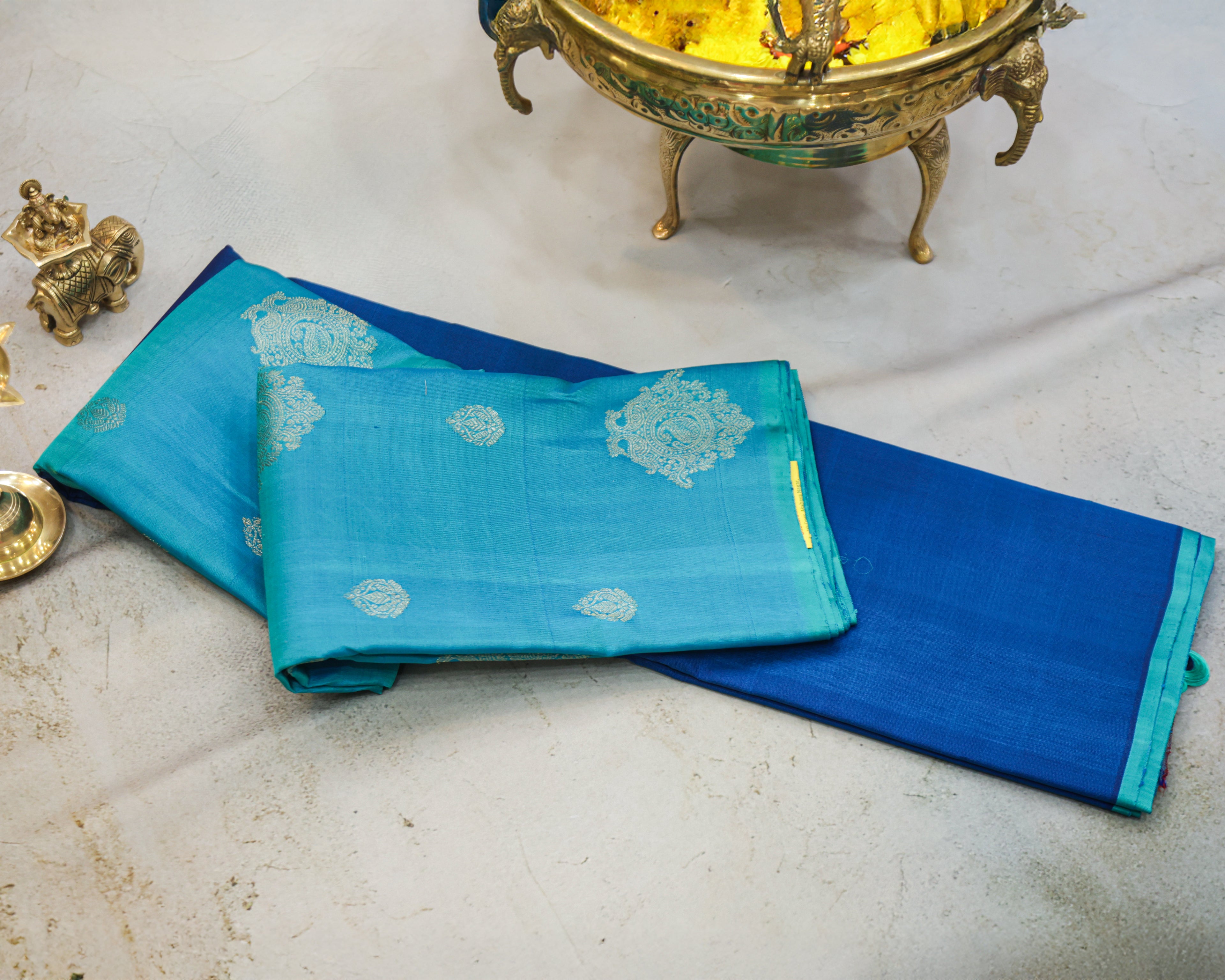 Kanchipuram Half & Half Pure Silk Saree in Blue and Sea Green