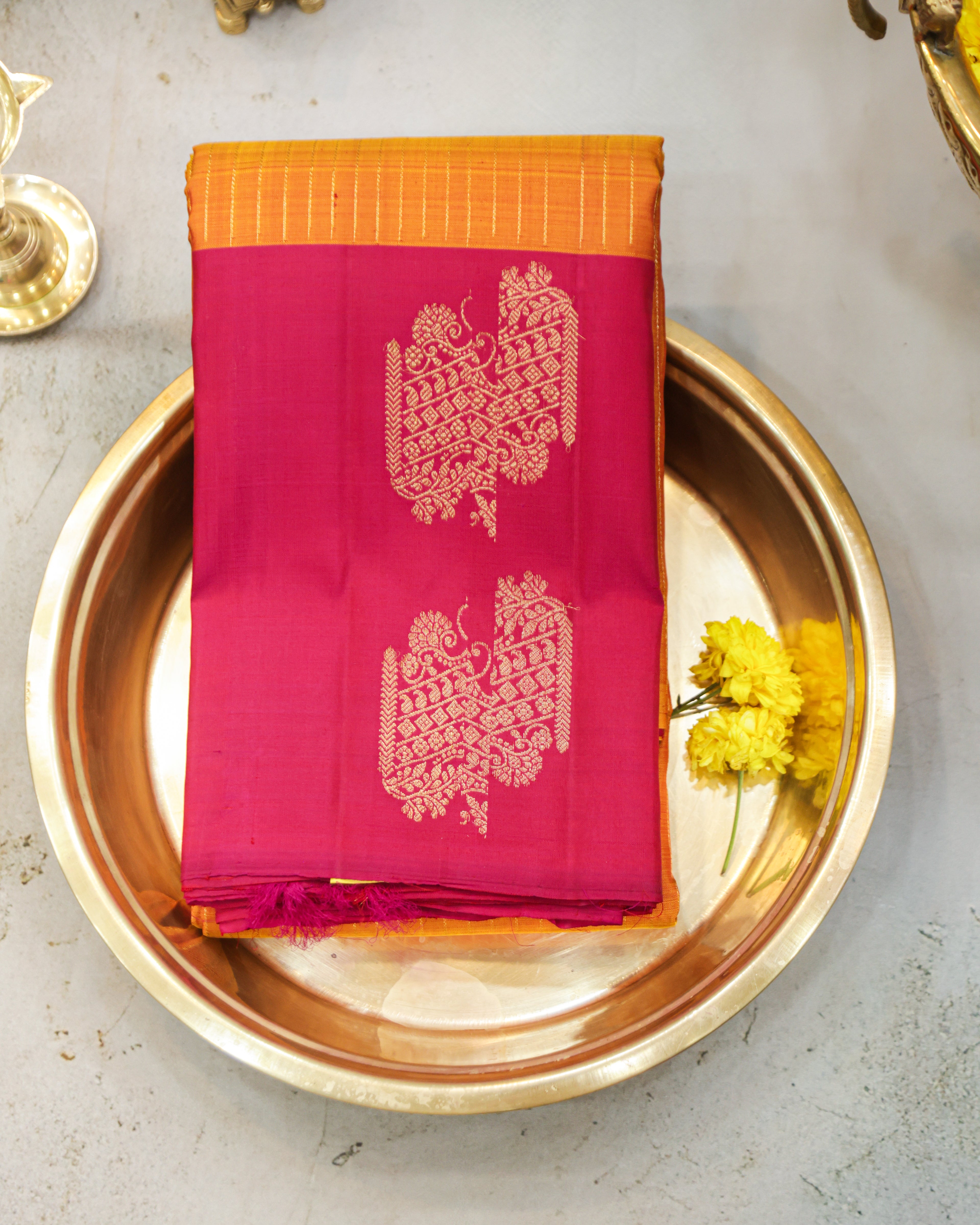 Kanchipuram Pure Silk Saree in Turmeric Yellow & Rani Pink with Zari Border